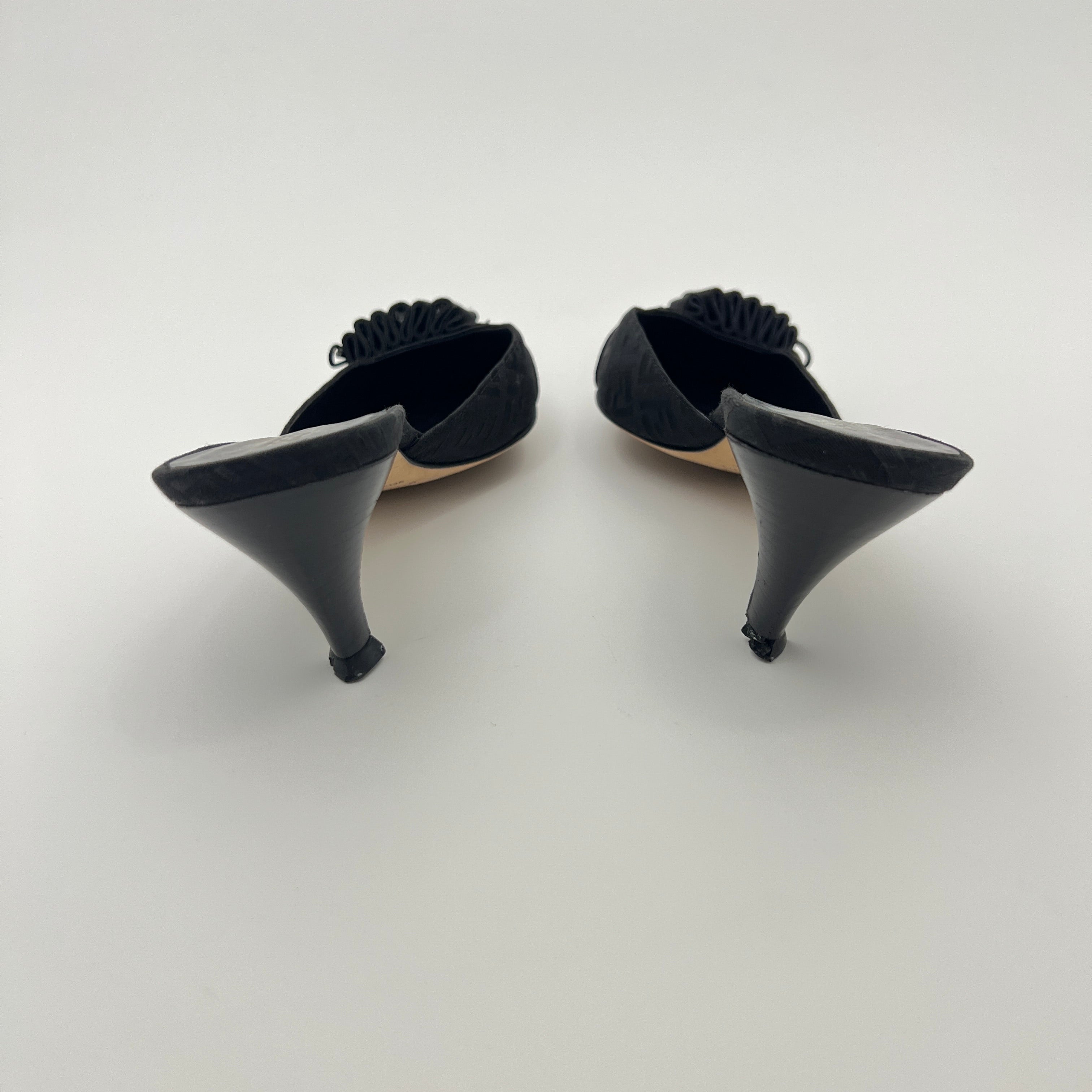 Fendi | Black Zucca FF Monogram Ribbon Bow Pointed Toe Leather Mules (36.5)