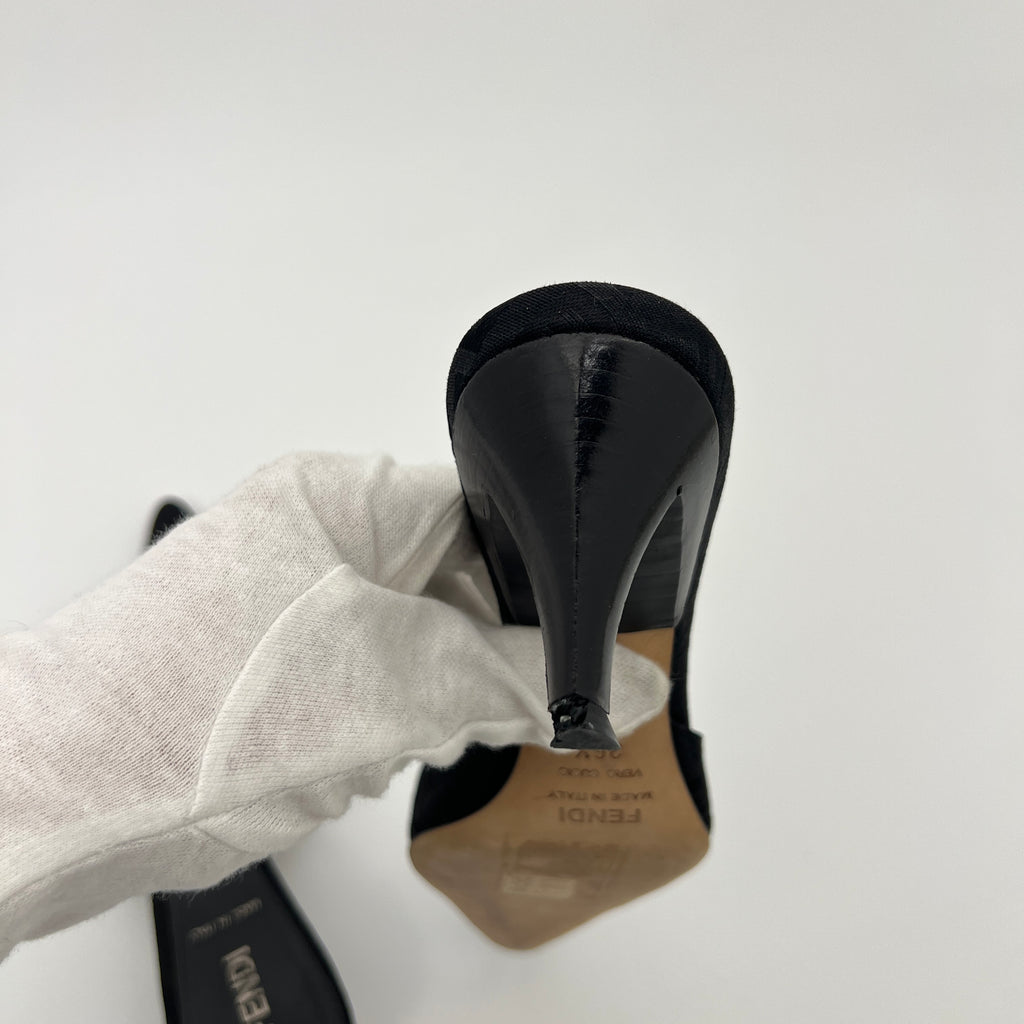 Fendi | Black Zucca FF Monogram Ribbon Bow Pointed Toe Leather Mules (36.5)