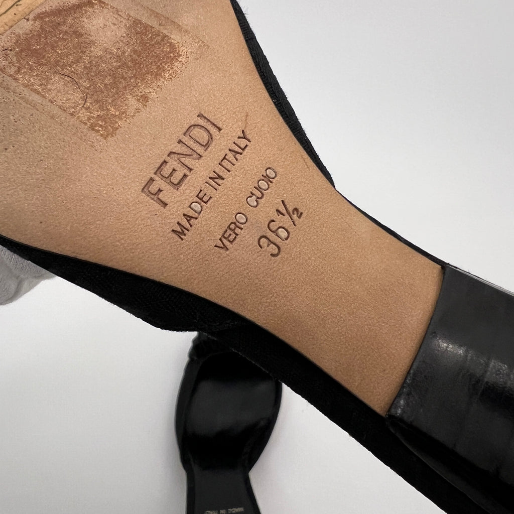 Fendi | Black Zucca FF Monogram Ribbon Bow Pointed Toe Leather Mules (36.5)