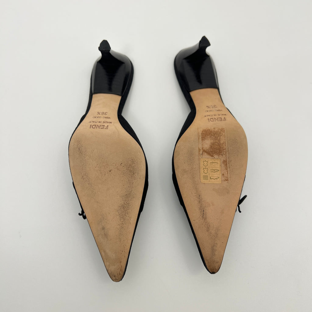 Fendi | Black Zucca FF Monogram Ribbon Bow Pointed Toe Leather Mules (36.5)