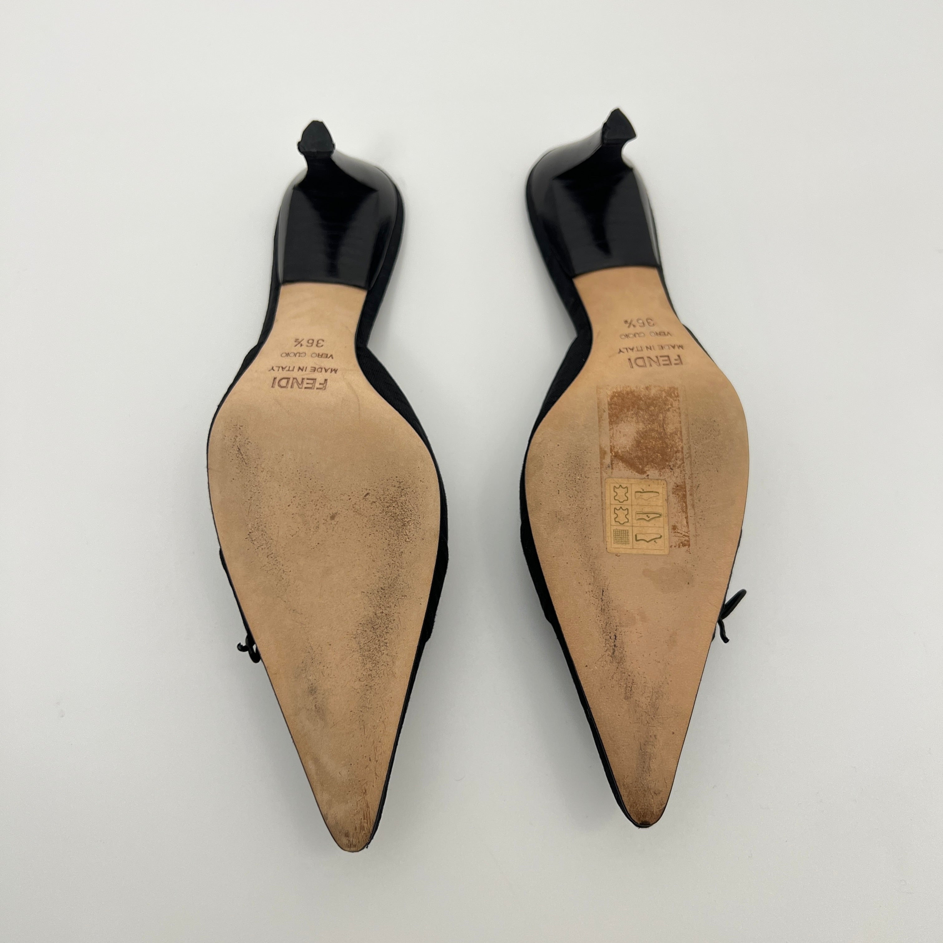 Fendi | Black Zucca FF Monogram Ribbon Bow Pointed Toe Leather Mules (36.5)