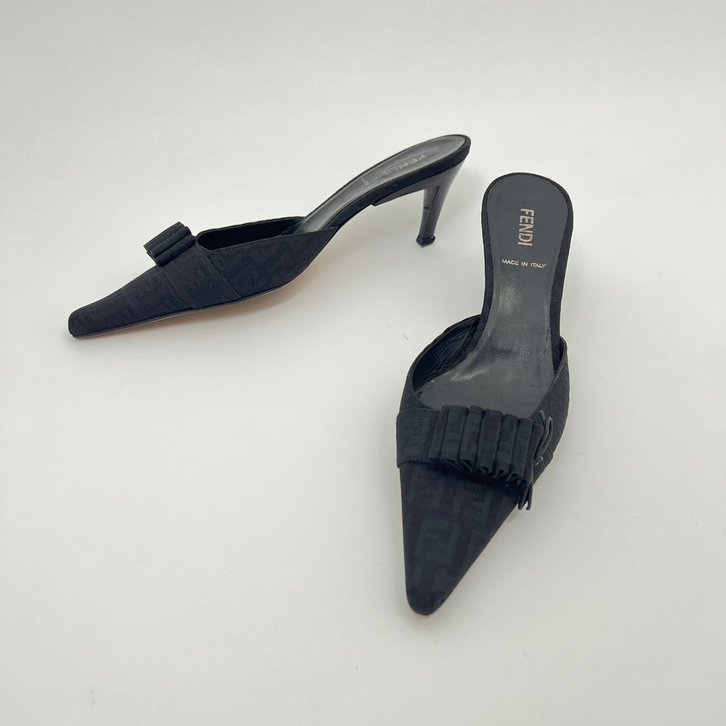 Fendi | Black Zucca FF Monogram Ribbon Bow Pointed Toe Leather Mules (36.5)