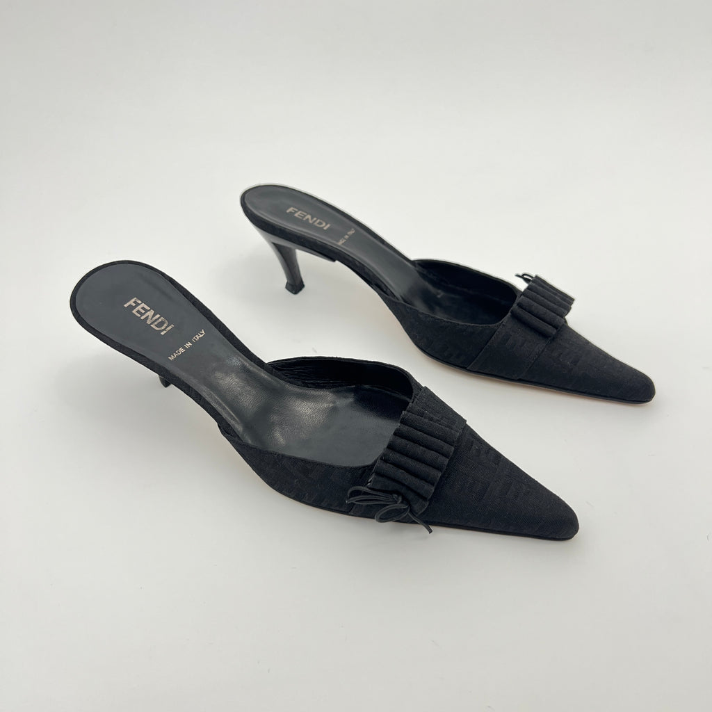 Fendi | Black Zucca FF Monogram Ribbon Bow Pointed Toe Leather Mules (36.5)
