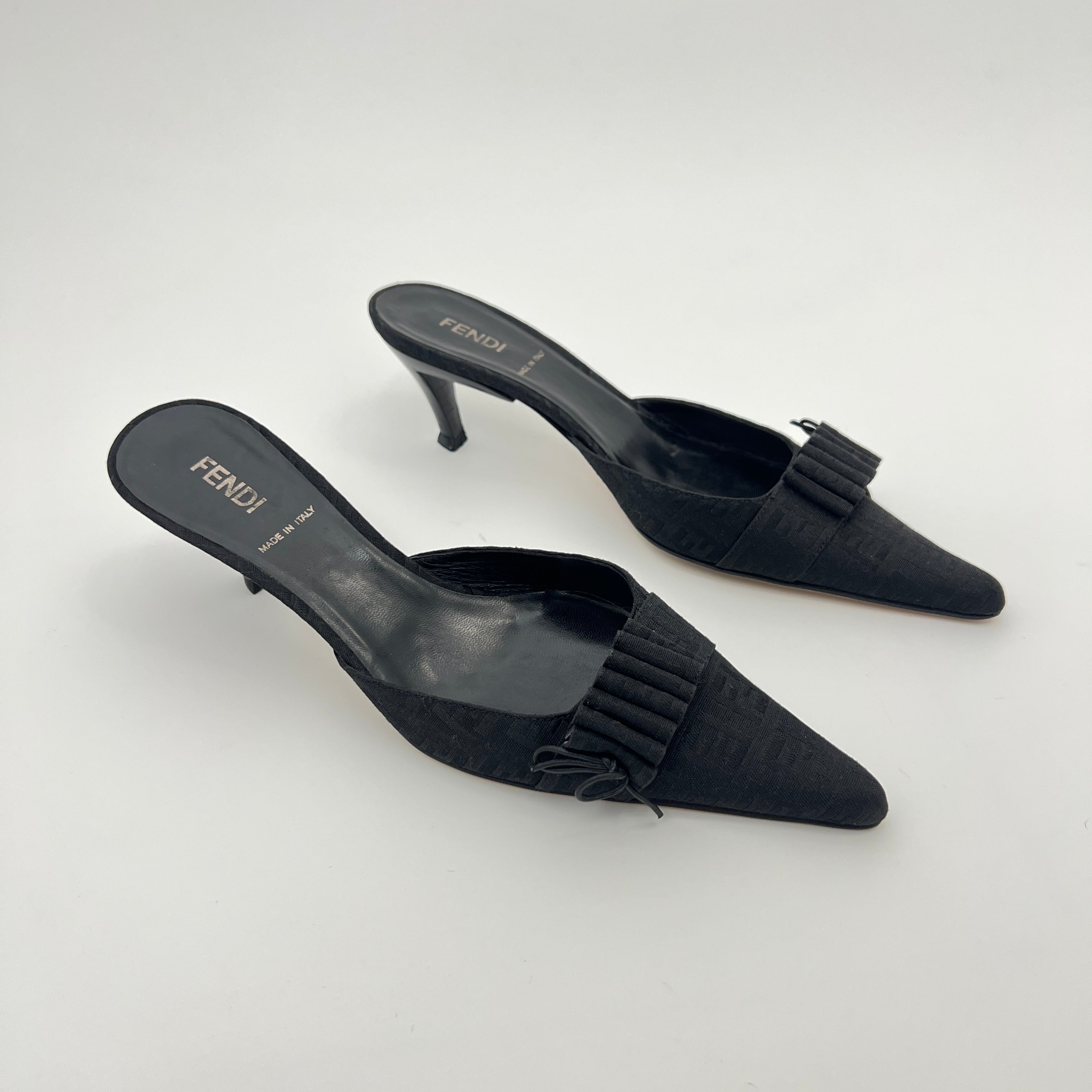 Fendi | Black Zucca FF Monogram Ribbon Bow Pointed Toe Leather Mules (36.5)