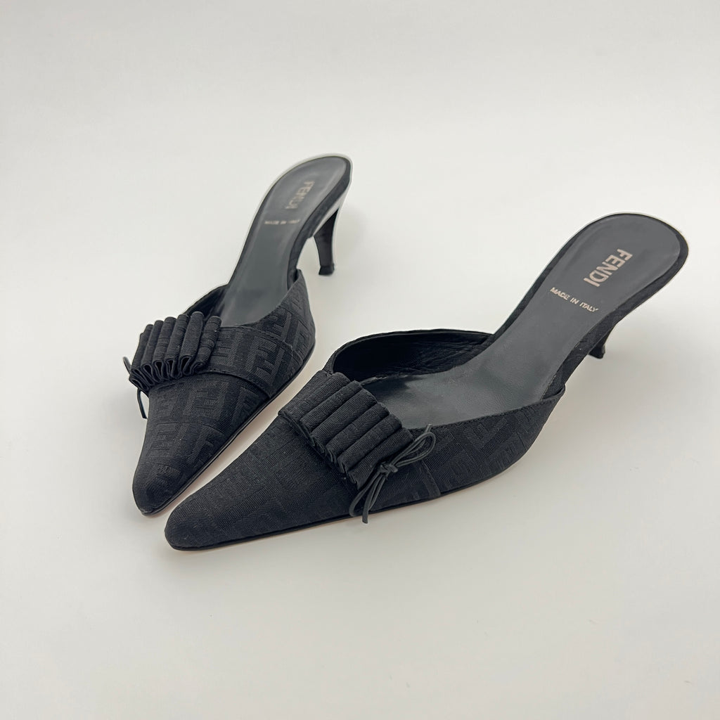 Fendi | Black Zucca FF Monogram Ribbon Bow Pointed Toe Leather Mules (36.5)