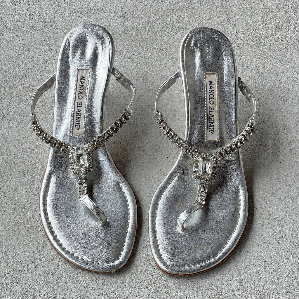 Manolo Blahnik | Vintage Nina Silver Leather Jewel Thong Sandal Kitten Heel Mules (38.5)