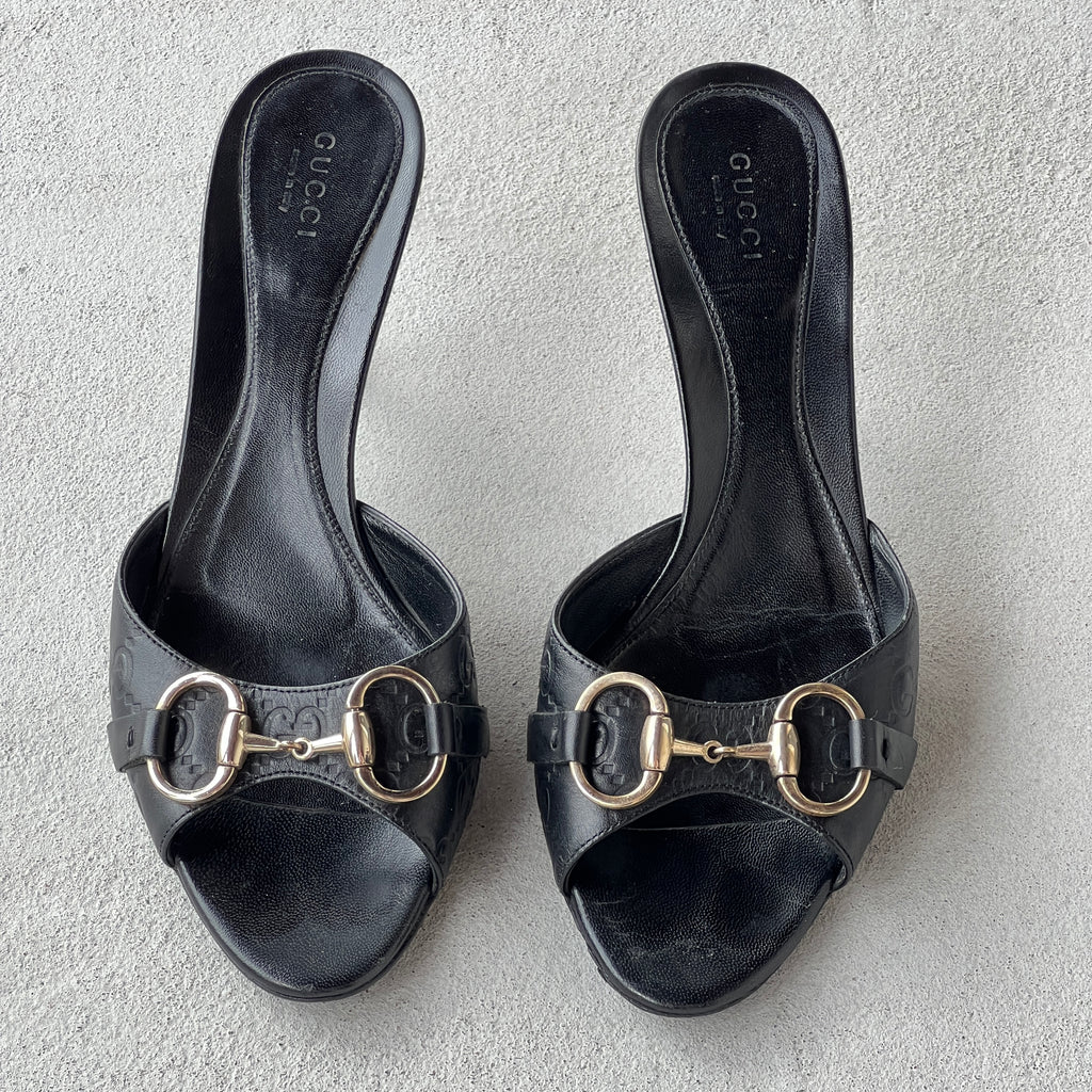 Gucci | Black Monogram GG Silver Horse Bit Slide Mules (37.5)