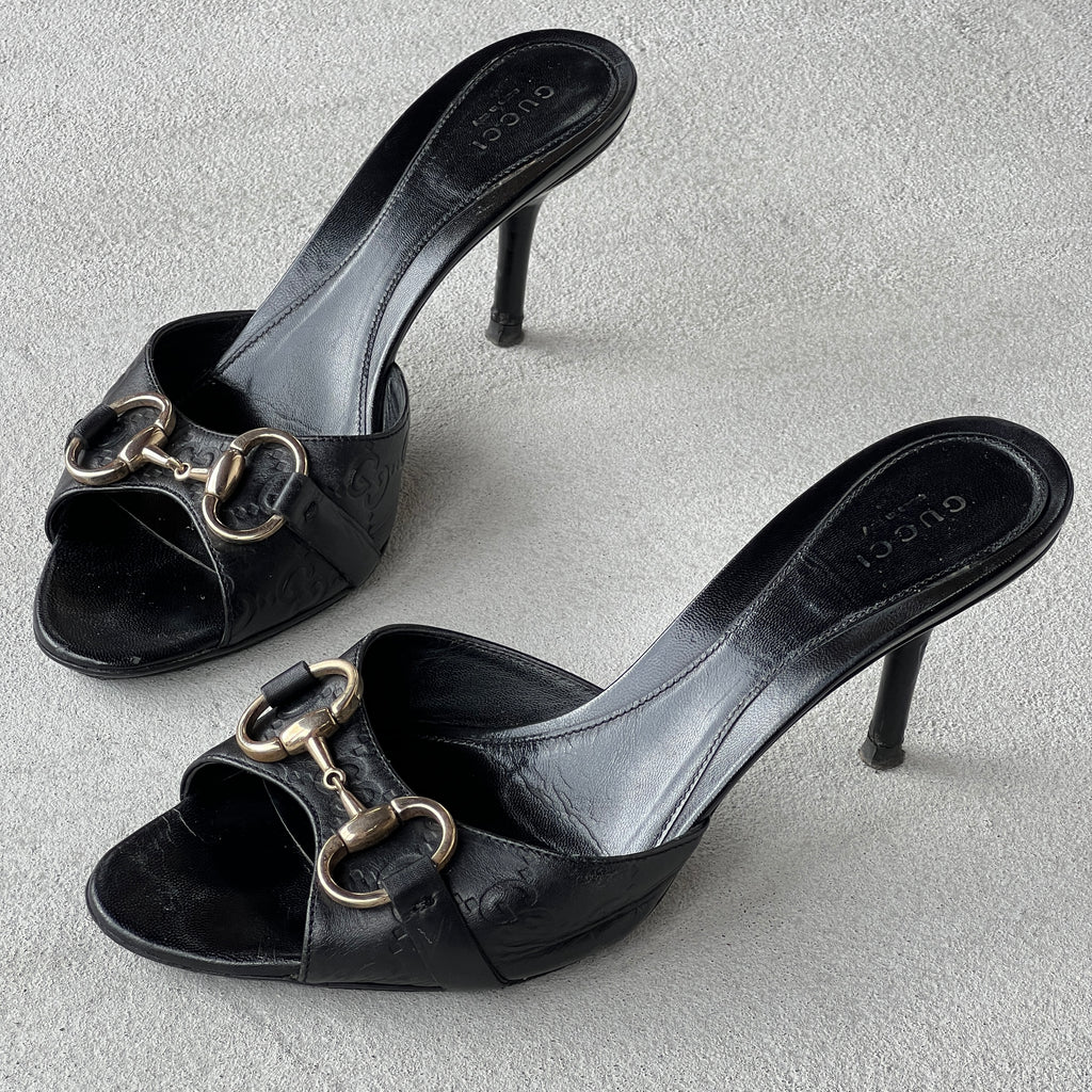 Gucci | Black Monogram GG Silver Horse Bit Slide Mules (37.5)