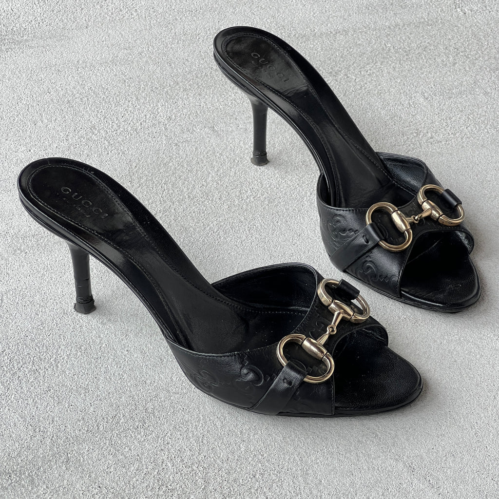 Gucci | Black Monogram GG Silver Horse Bit Slide Mules (37.5)
