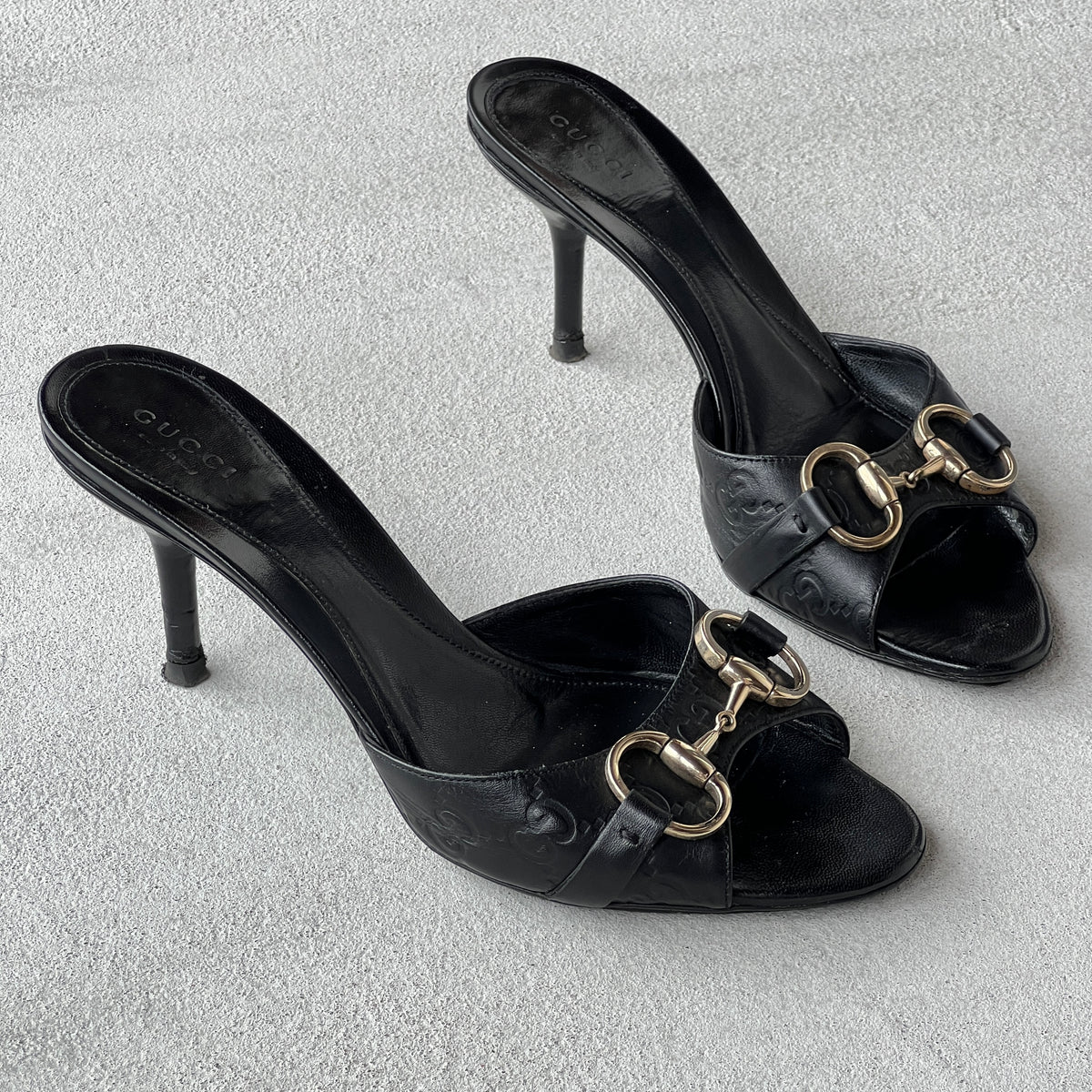 Gucci | Black Monogram GG Silver Horse Bit Slide Mules (37.5)