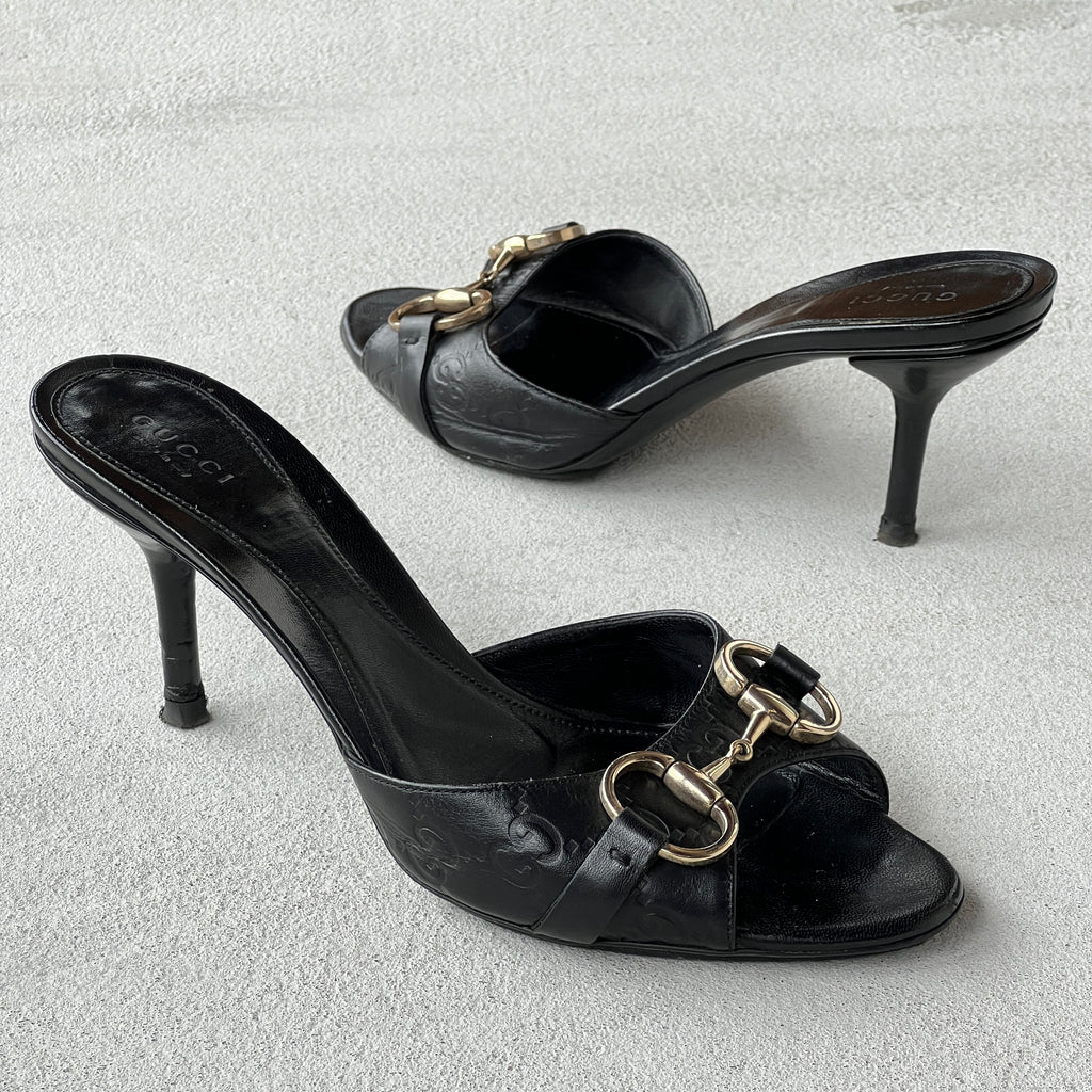Gucci | Black Monogram GG Silver Horse Bit Slide Mules (37.5)