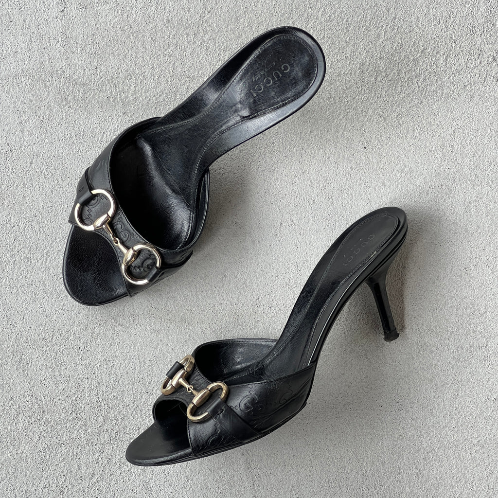 Gucci | Black Monogram GG Silver Horse Bit Slide Mules (37.5)