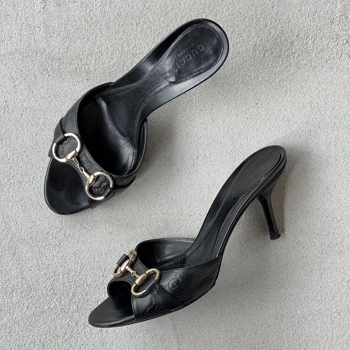 Gucci | Black Monogram GG Silver Horse Bit Slide Mules (37.5)