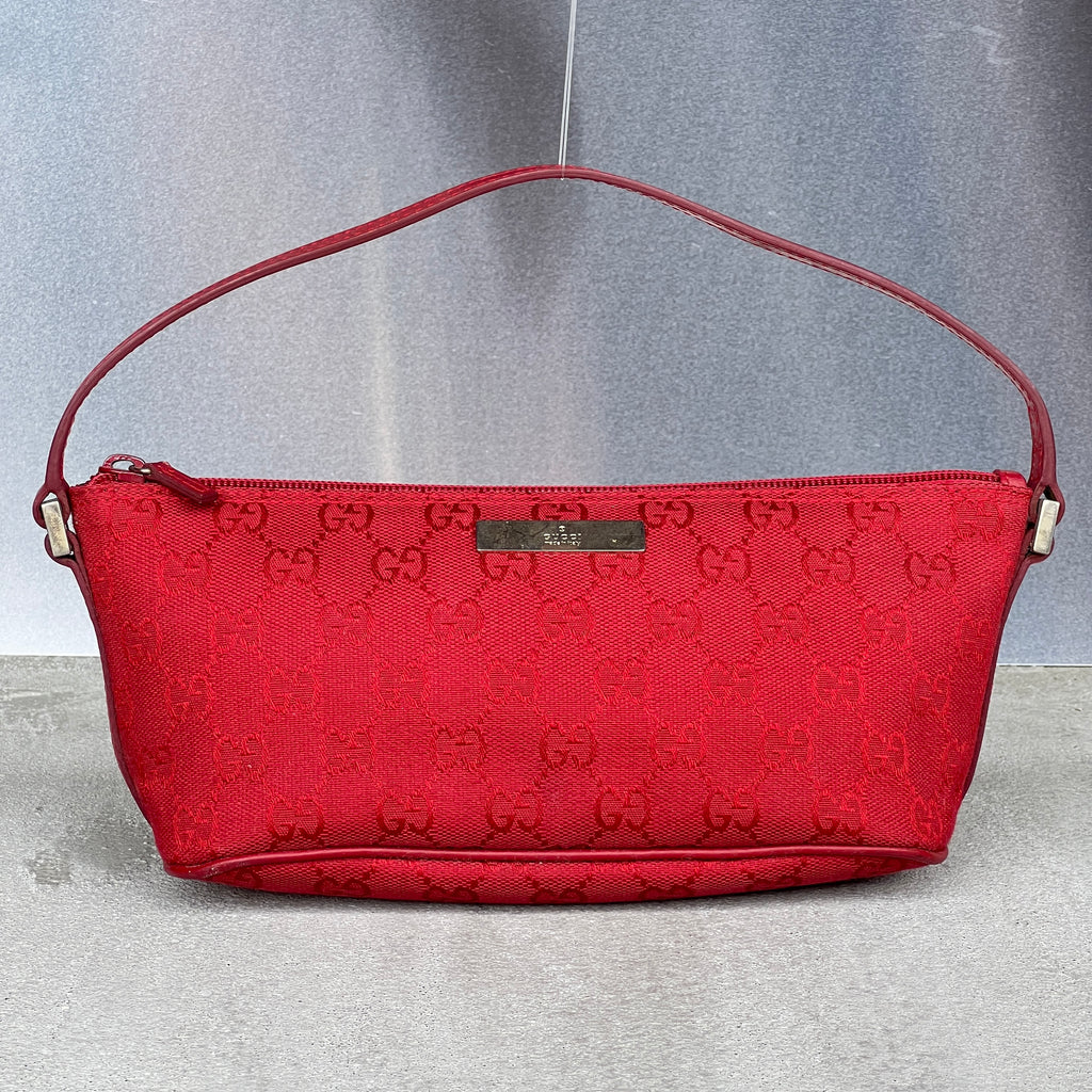 Gucci | Vintage Tom Ford Era Red Leather Trim Boat Pochette Shoulder Bag Rare
