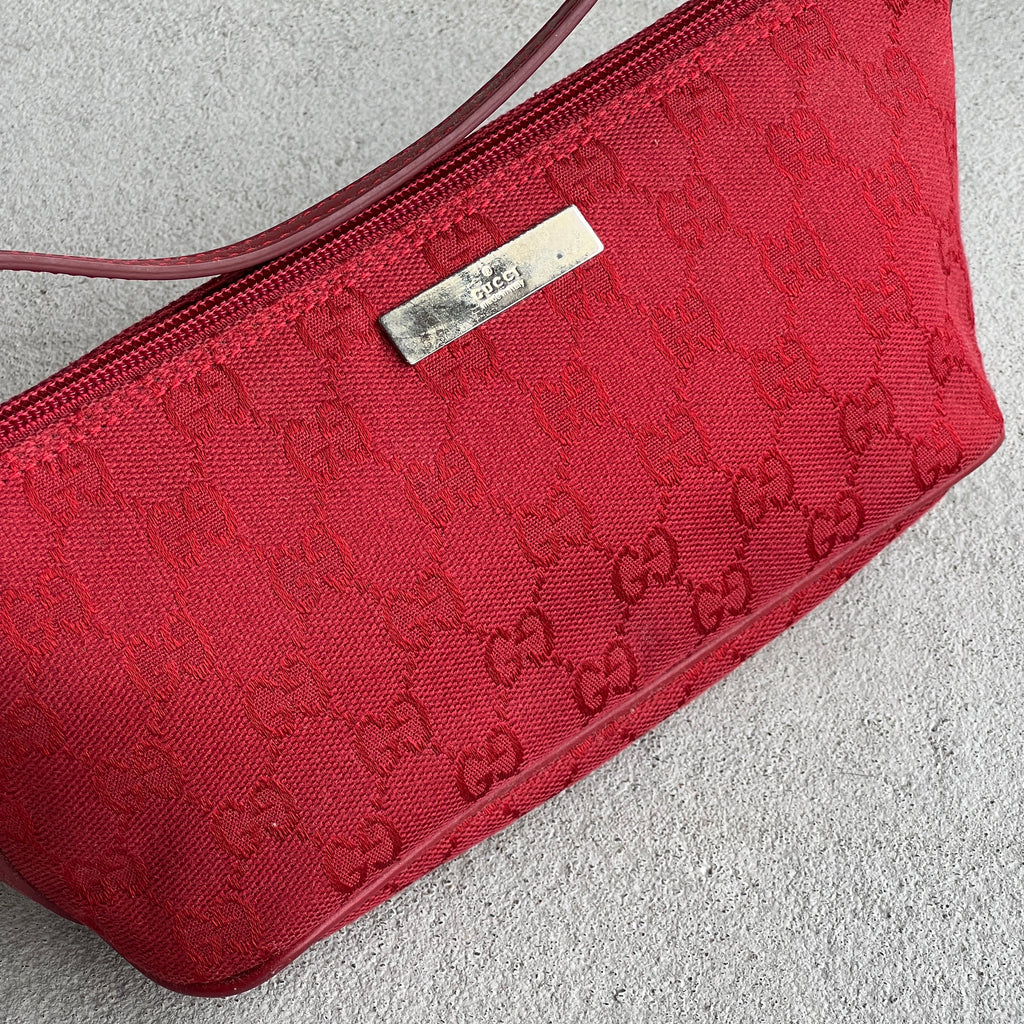 Gucci | Vintage Tom Ford Era Red Leather Trim Boat Pochette Shoulder Bag Rare