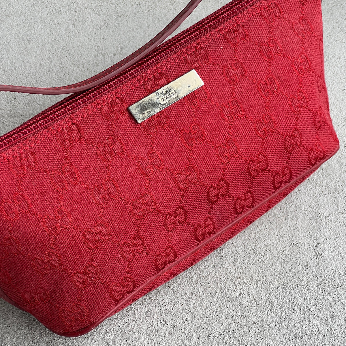 Gucci | Vintage Tom Ford Era Red Leather Trim Boat Pochette Shoulder Bag Rare