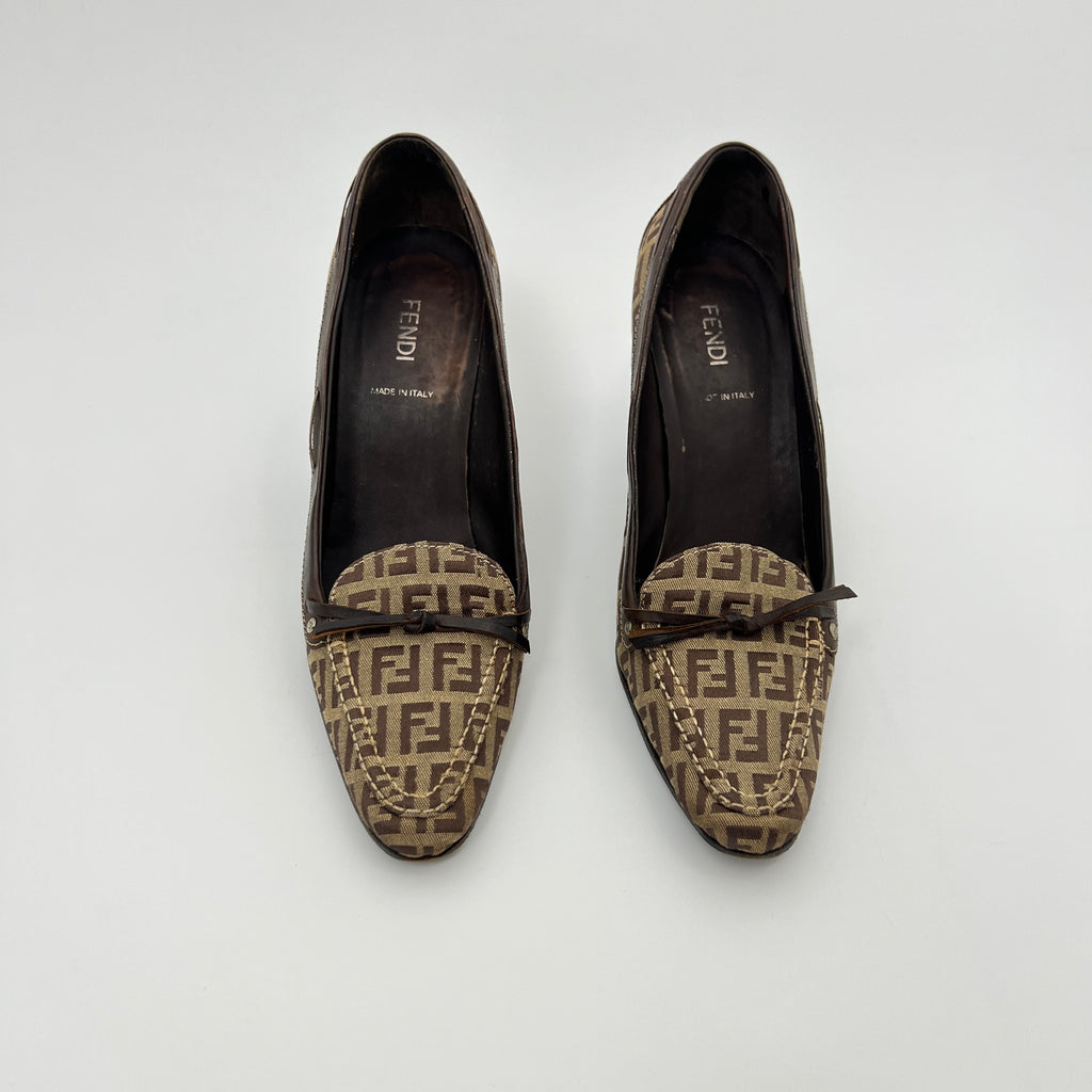 Fendi | Zucca FF Monogram Leather Ribbon Canvas Brown Pumps (37)