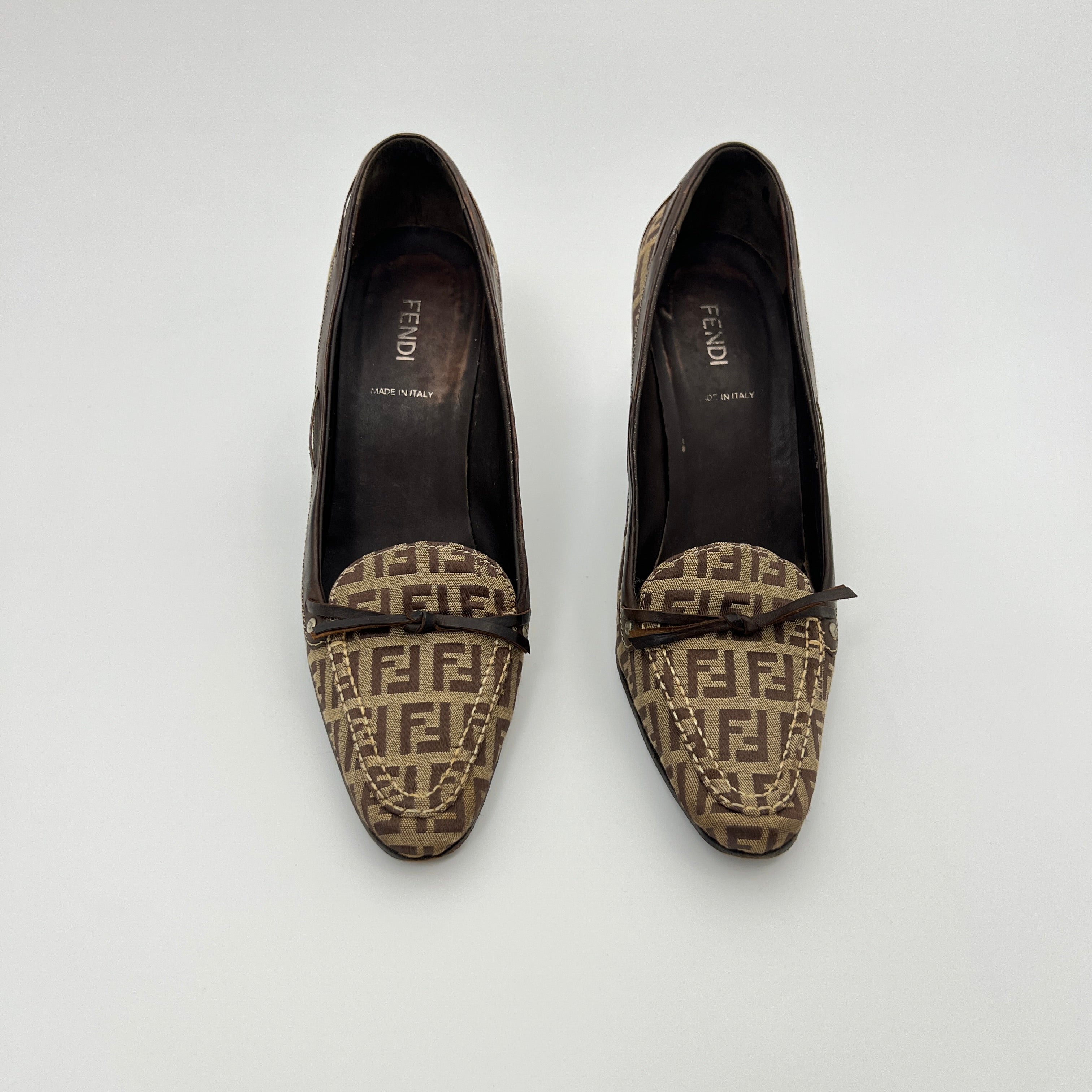 Fendi | Zucca FF Monogram Leather Ribbon Canvas Brown Pumps (37)