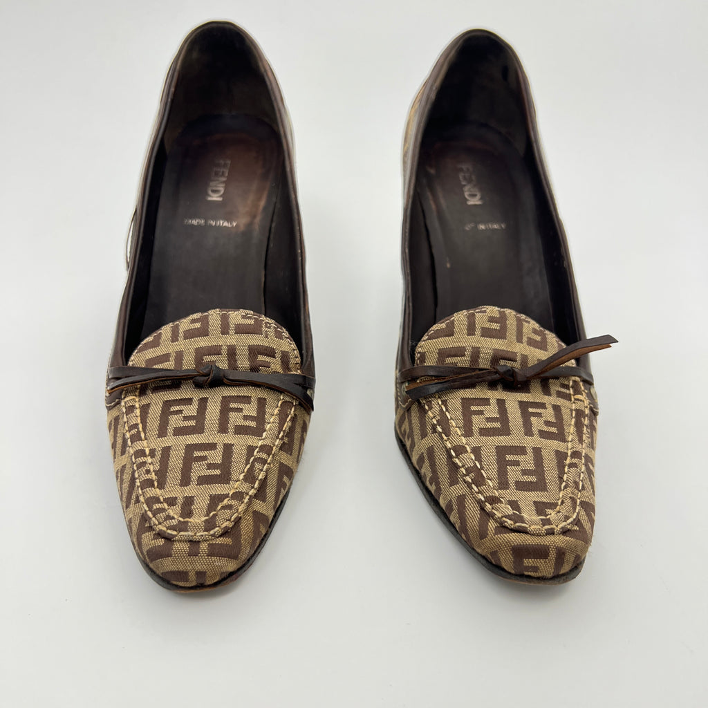 Fendi | Zucca FF Monogram Leather Ribbon Canvas Brown Pumps (37)