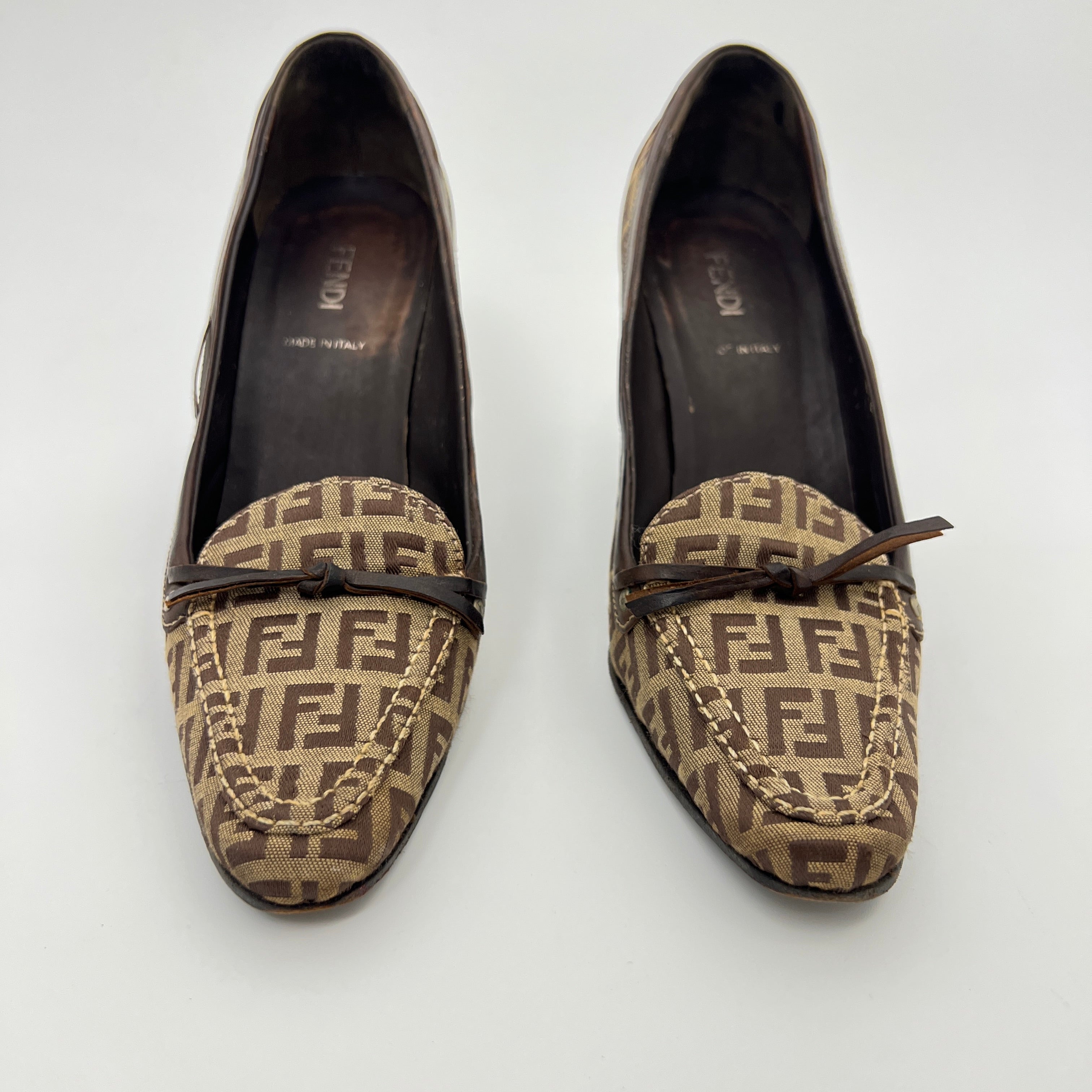 Fendi | Zucca FF Monogram Leather Ribbon Canvas Brown Pumps (37)