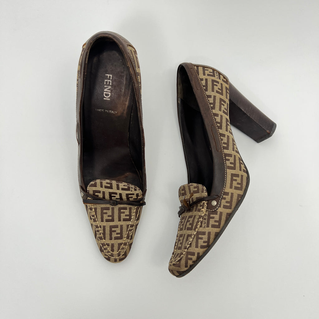 Fendi | Zucca FF Monogram Leather Ribbon Canvas Brown Pumps (37)