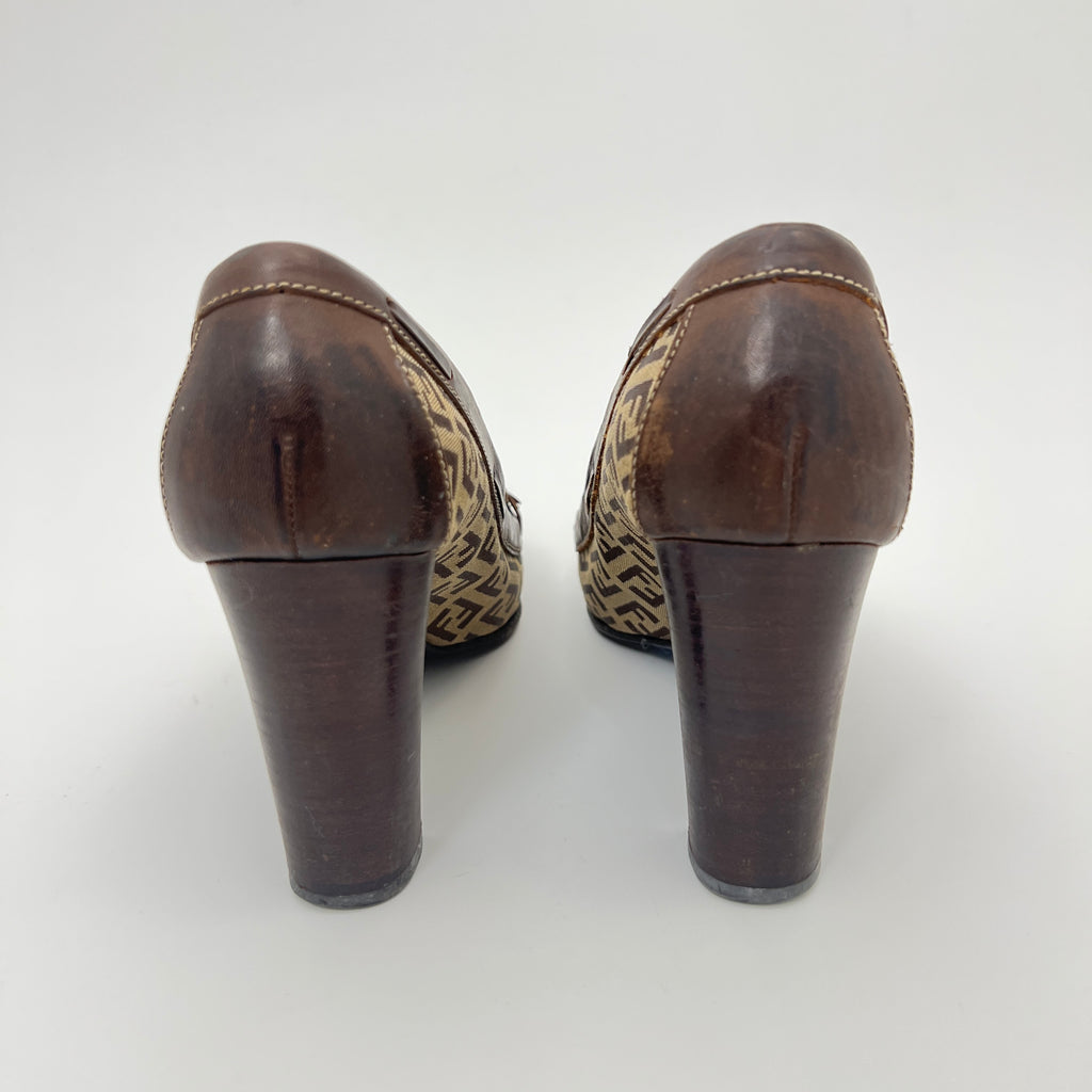 Fendi | Zucca FF Monogram Leather Ribbon Canvas Brown Pumps (37)