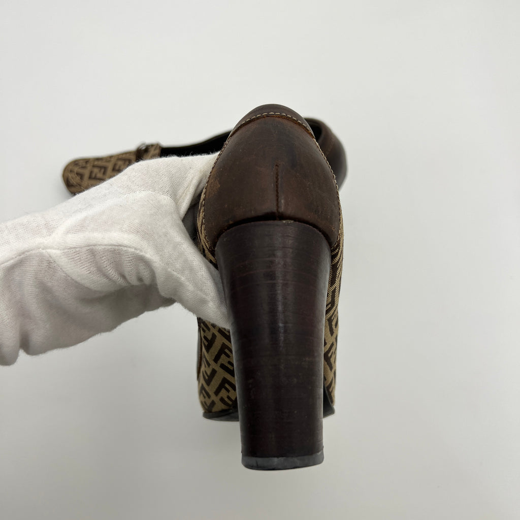 Fendi | Zucca FF Monogram Leather Ribbon Canvas Brown Pumps (37)