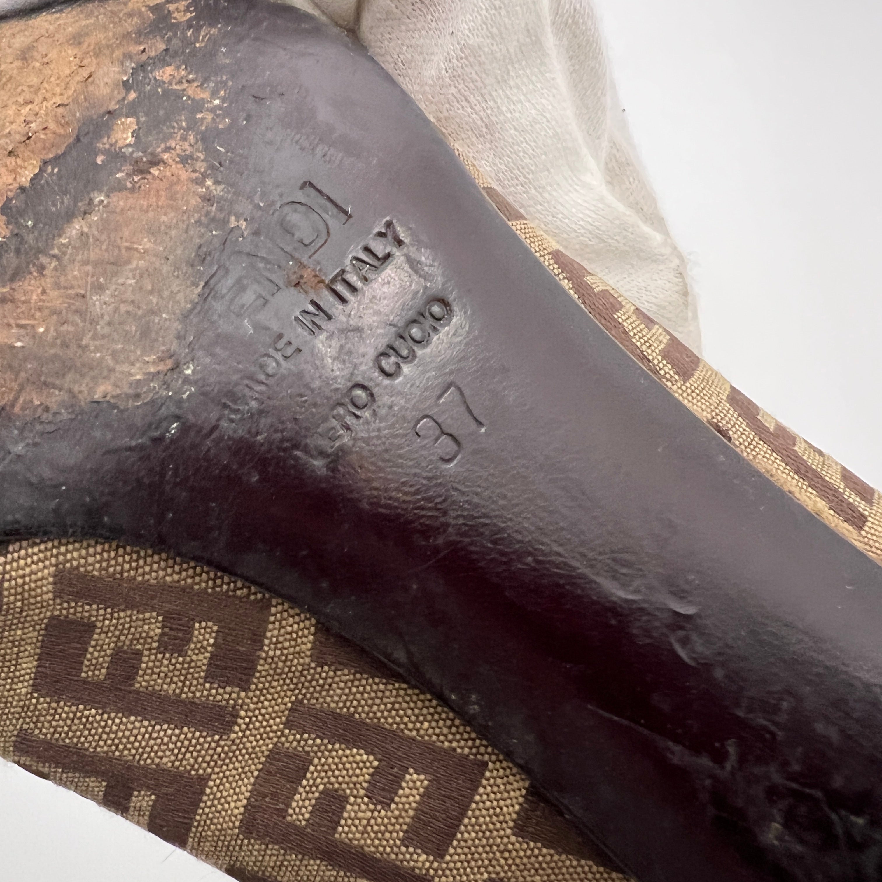 Fendi | Zucca FF Monogram Leather Ribbon Canvas Brown Pumps (37)