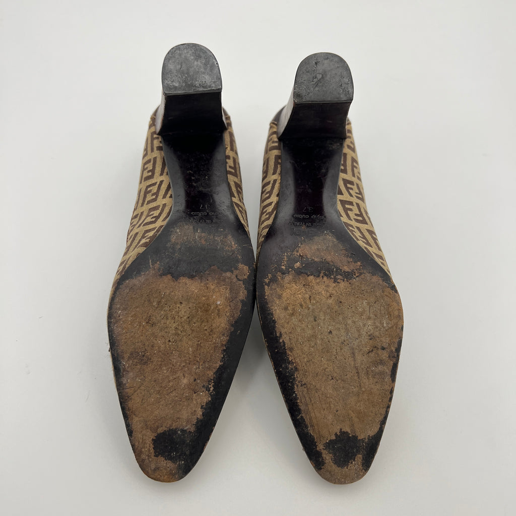 Fendi | Zucca FF Monogram Leather Ribbon Canvas Brown Pumps (37)