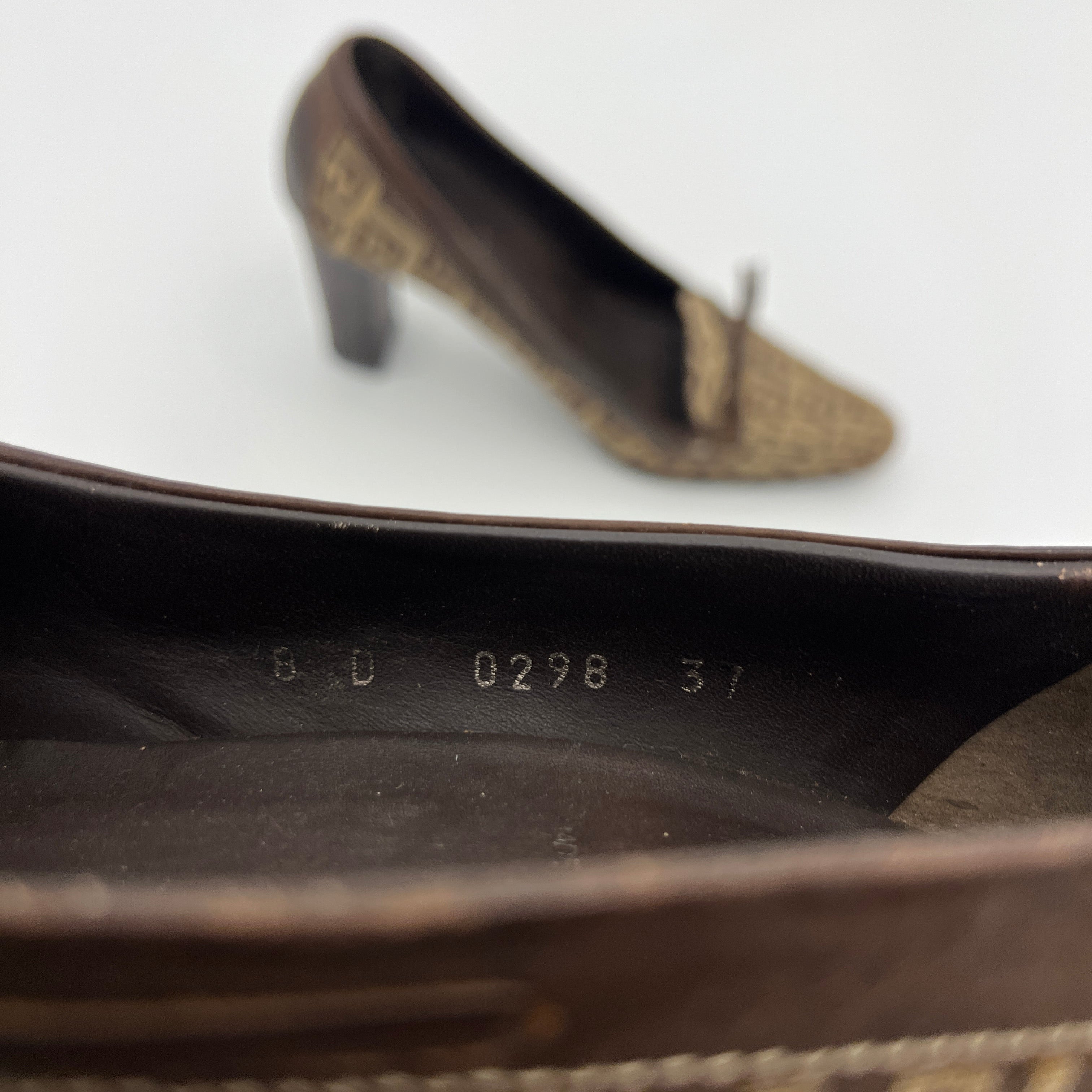Fendi | Zucca FF Monogram Leather Ribbon Canvas Brown Pumps (37)