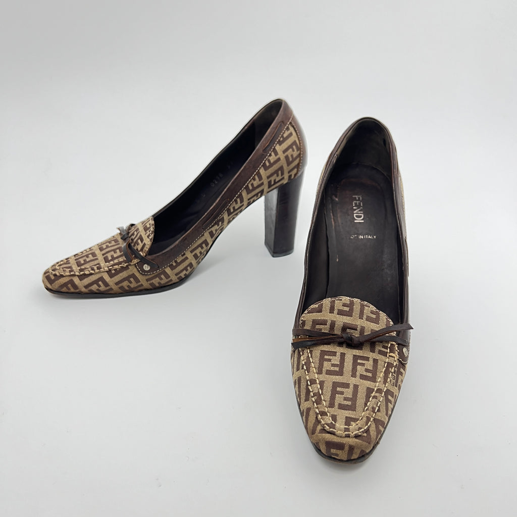 Fendi | Zucca FF Monogram Leather Ribbon Canvas Brown Pumps (37)