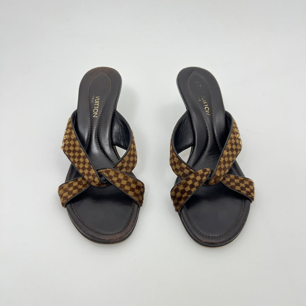 Louis Vuitton | Damier Calf Hair Knot Strap Mid Heel Sandal Mules (36)