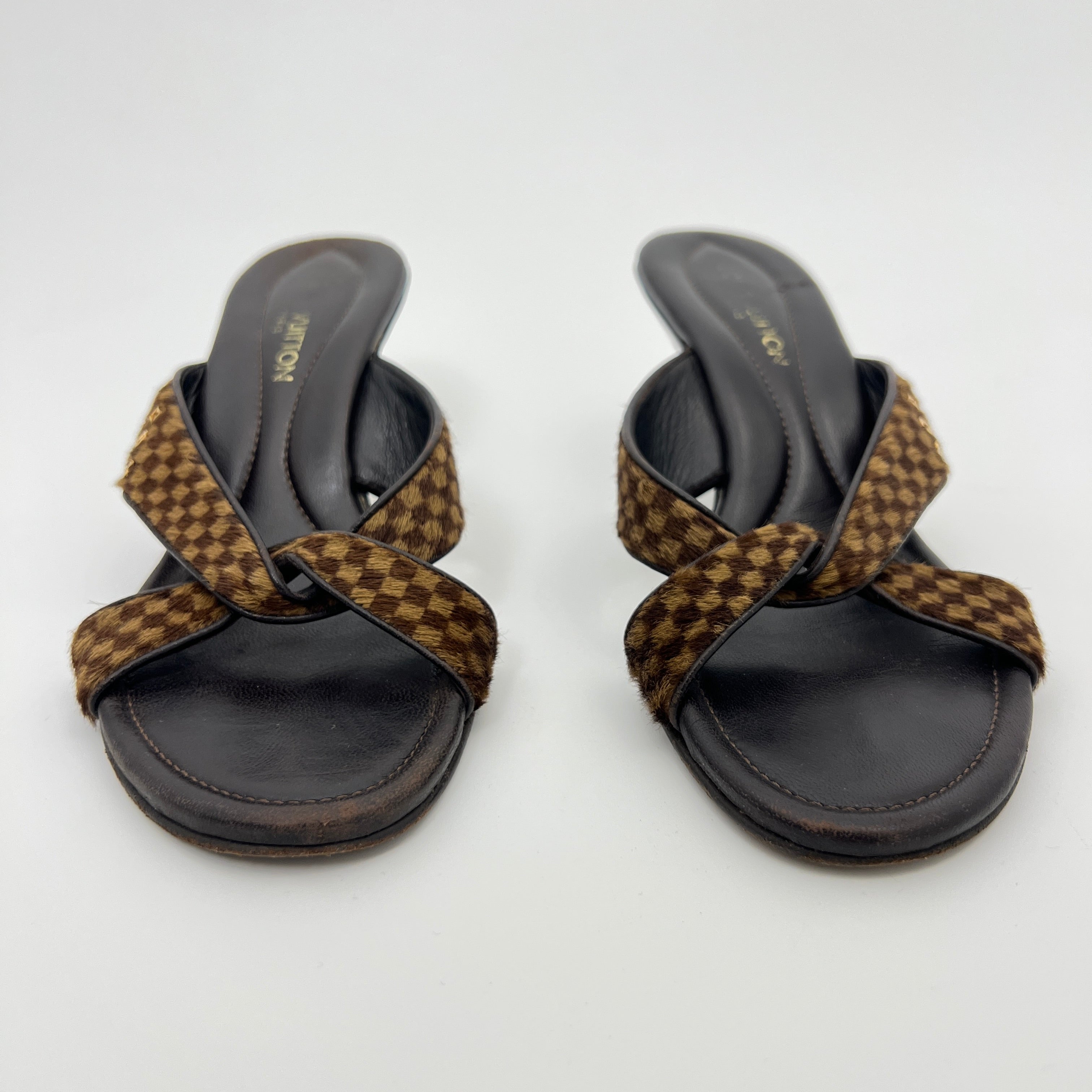 Louis Vuitton | Damier Calf Hair Knot Strap Mid Heel Sandal Mules (36)