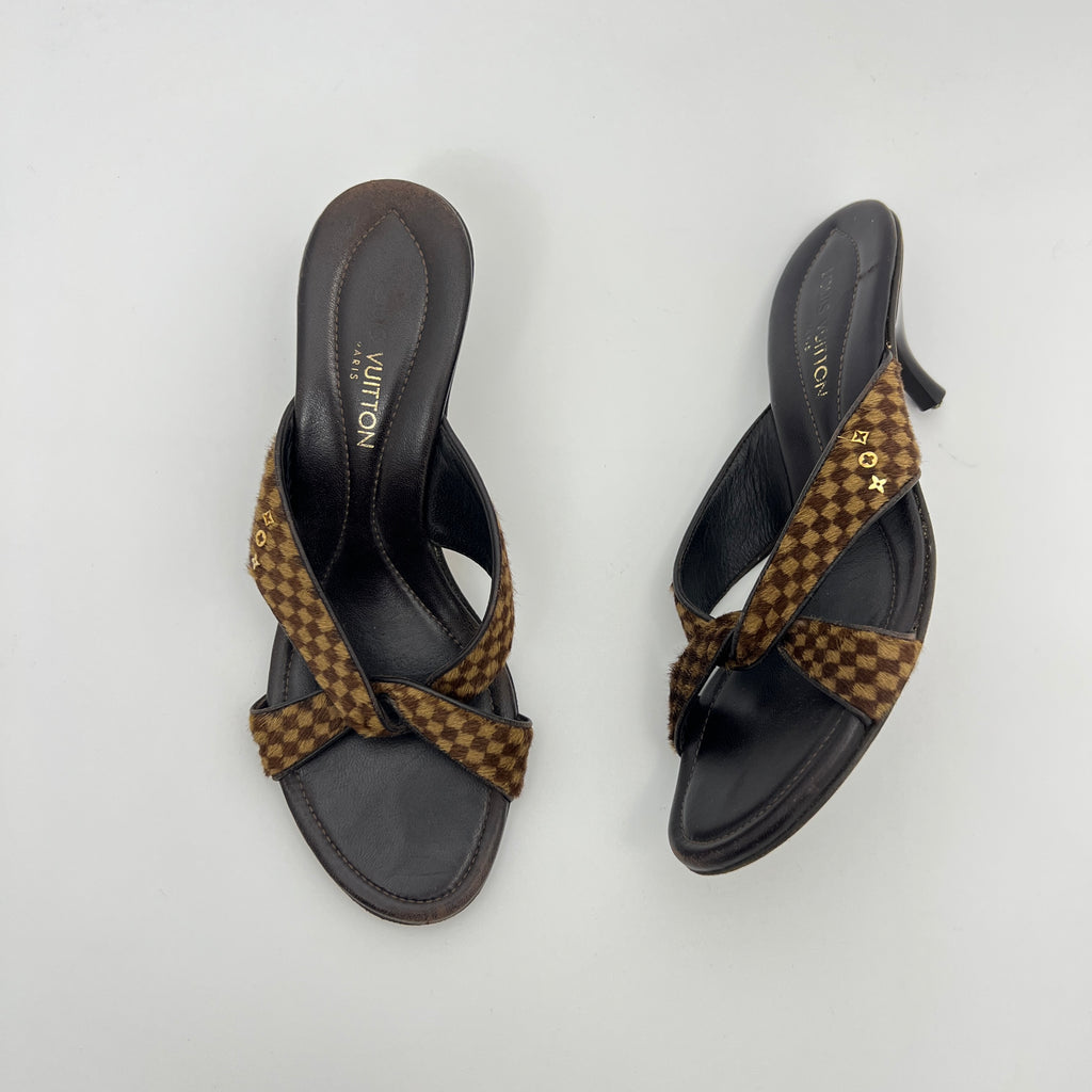 Louis Vuitton | Damier Calf Hair Knot Strap Mid Heel Sandal Mules (36)