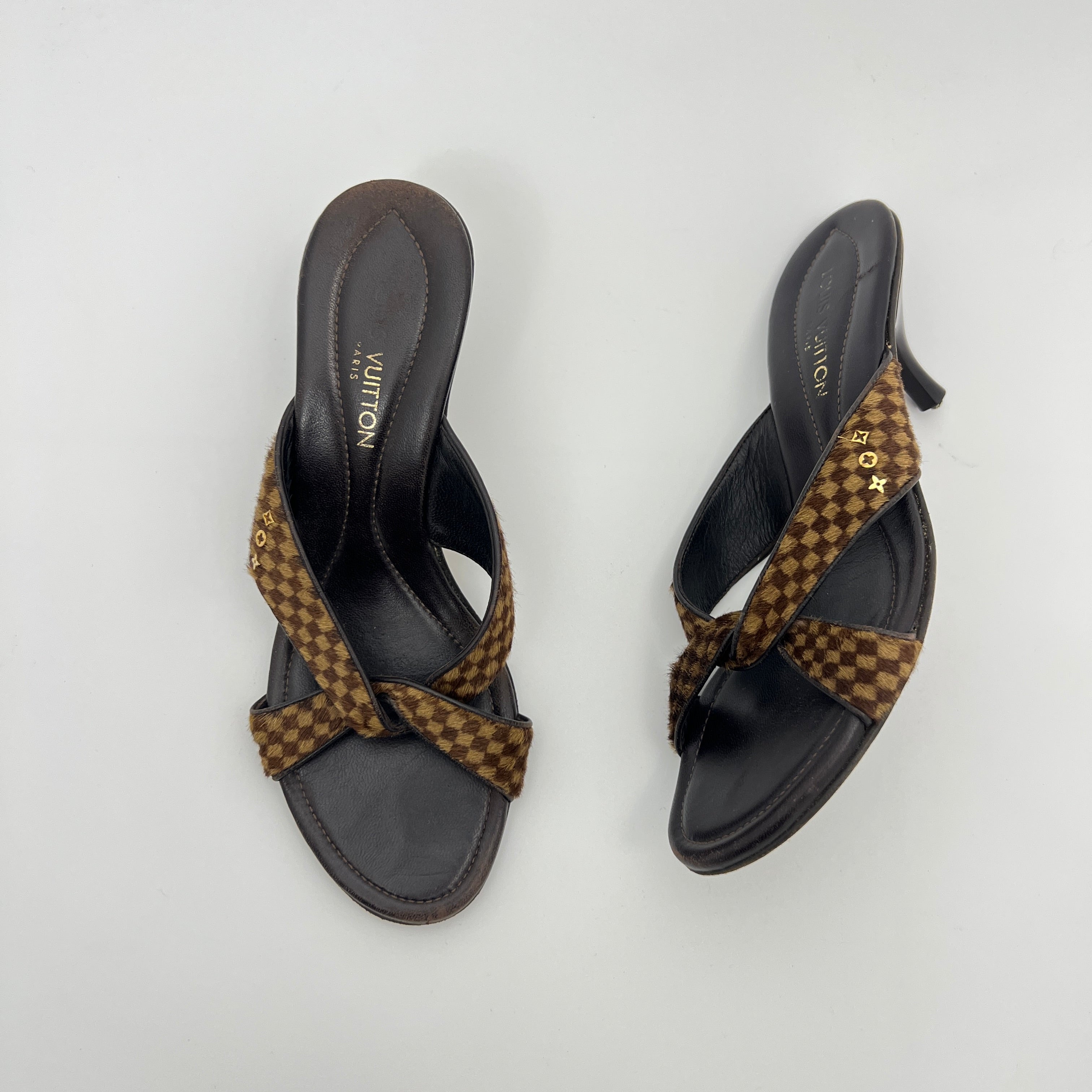 Louis Vuitton | Damier Calf Hair Knot Strap Mid Heel Sandal Mules (36)