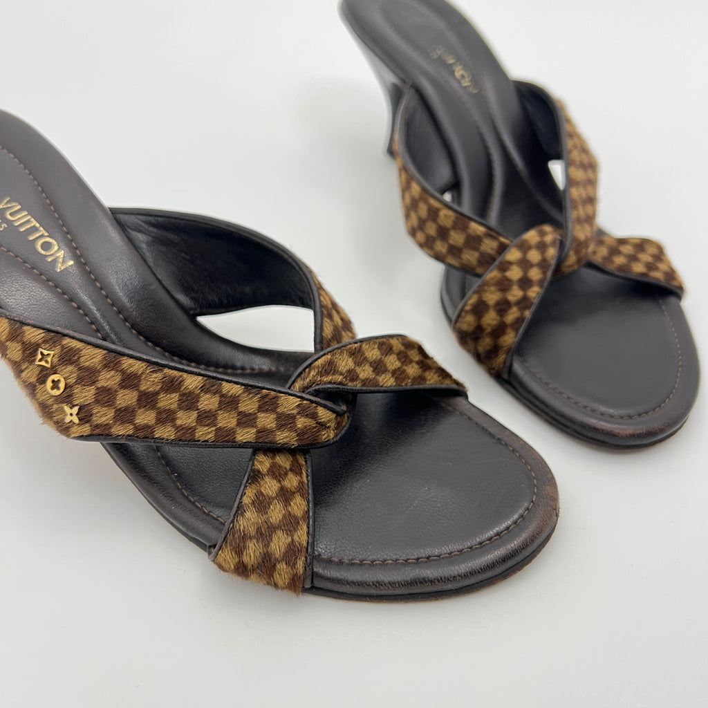 Louis Vuitton | Damier Calf Hair Knot Strap Mid Heel Sandal Mules (36)