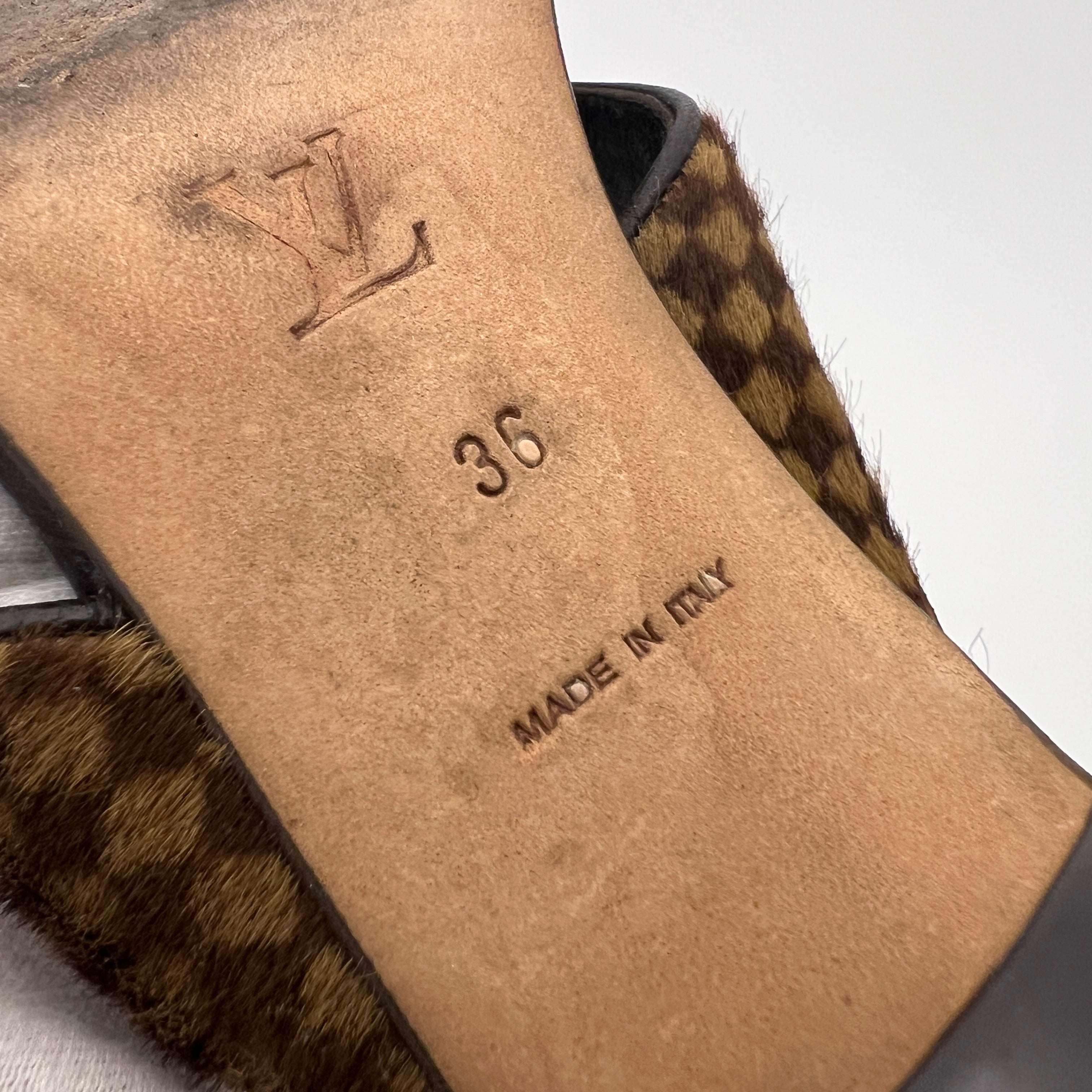 Louis Vuitton | Damier Calf Hair Knot Strap Mid Heel Sandal Mules (36)