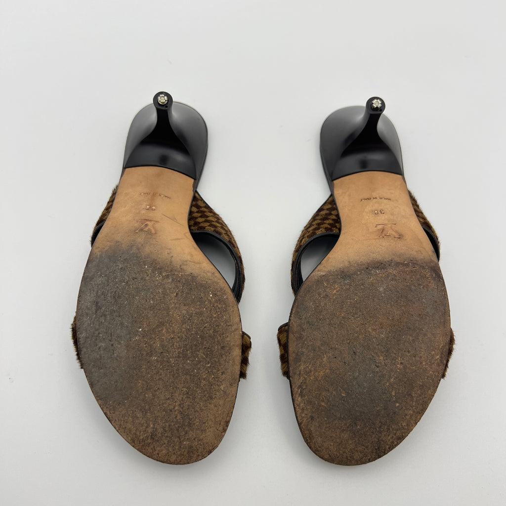 Louis Vuitton | Damier Calf Hair Knot Strap Mid Heel Sandal Mules (36)