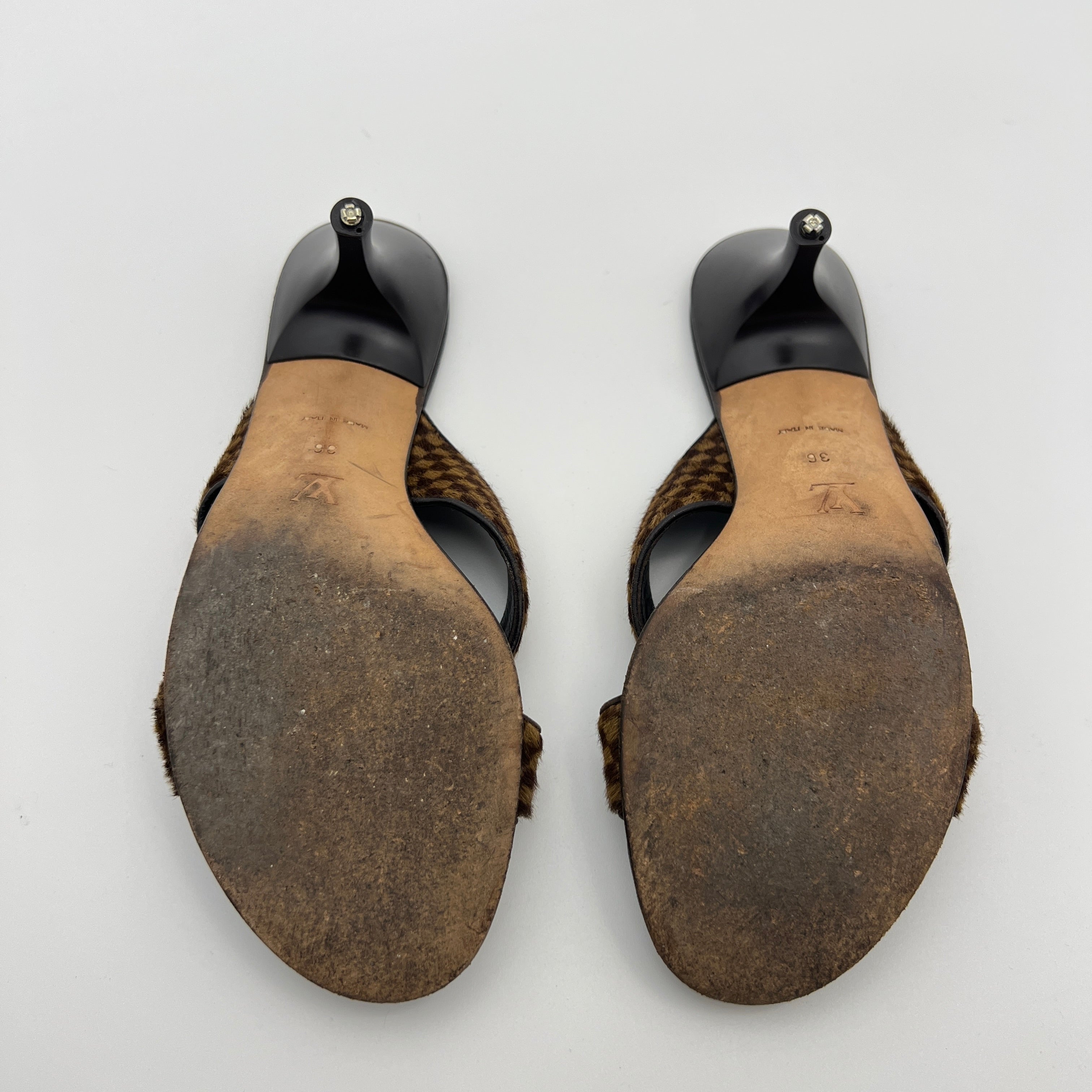 Louis Vuitton | Damier Calf Hair Knot Strap Mid Heel Sandal Mules (36)