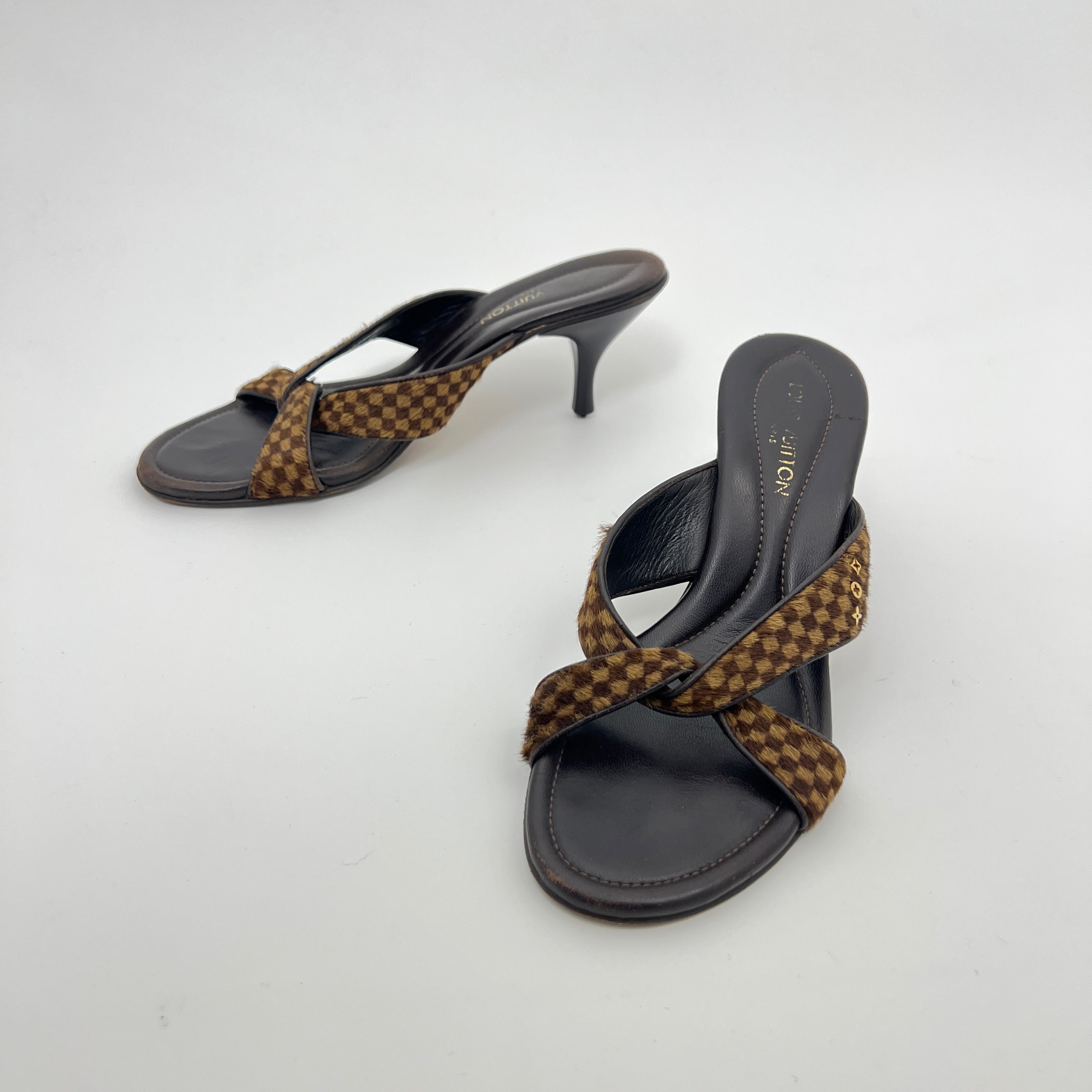 Louis Vuitton | Damier Calf Hair Knot Strap Mid Heel Sandal Mules (36)