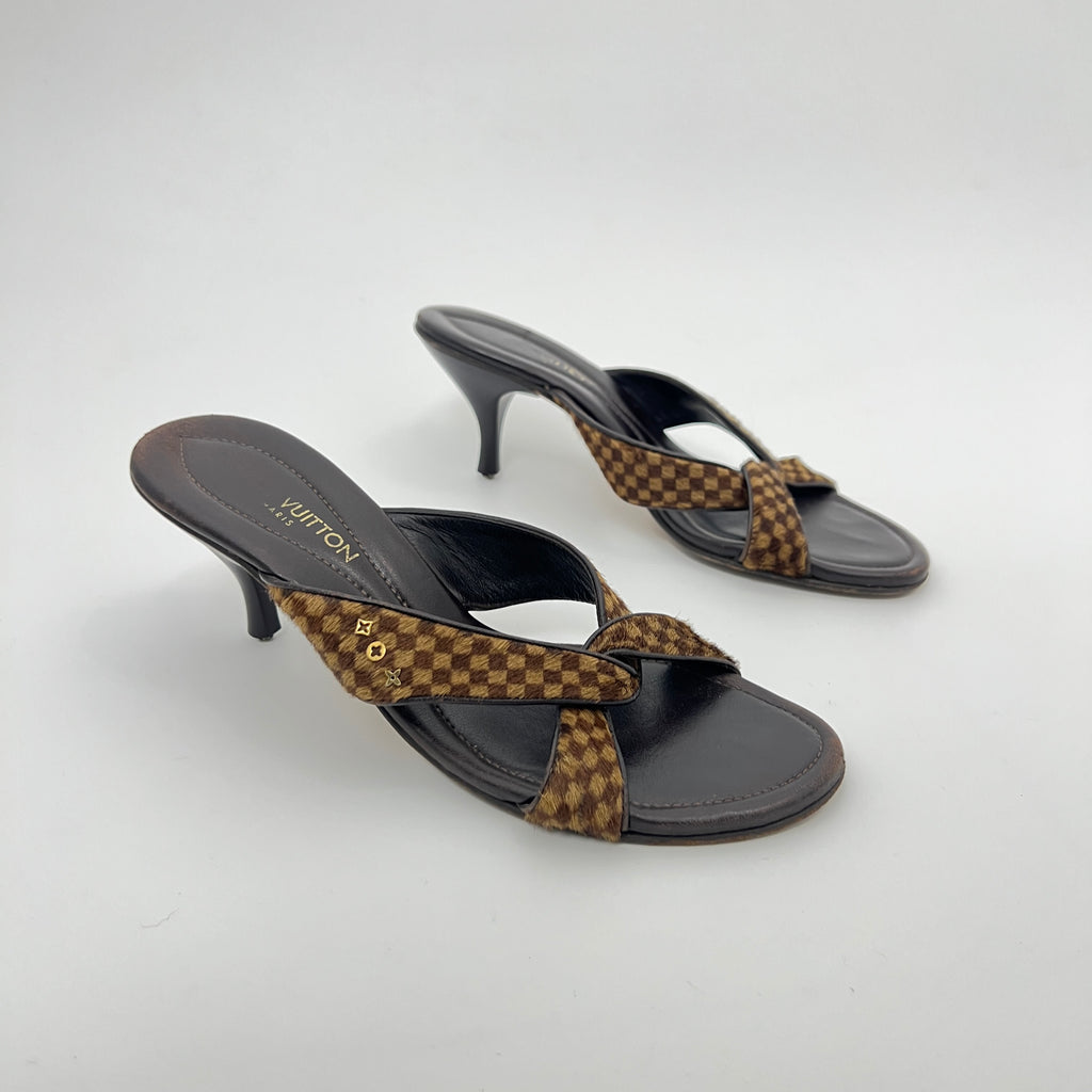 Louis Vuitton | Damier Calf Hair Knot Strap Mid Heel Sandal Mules (36)