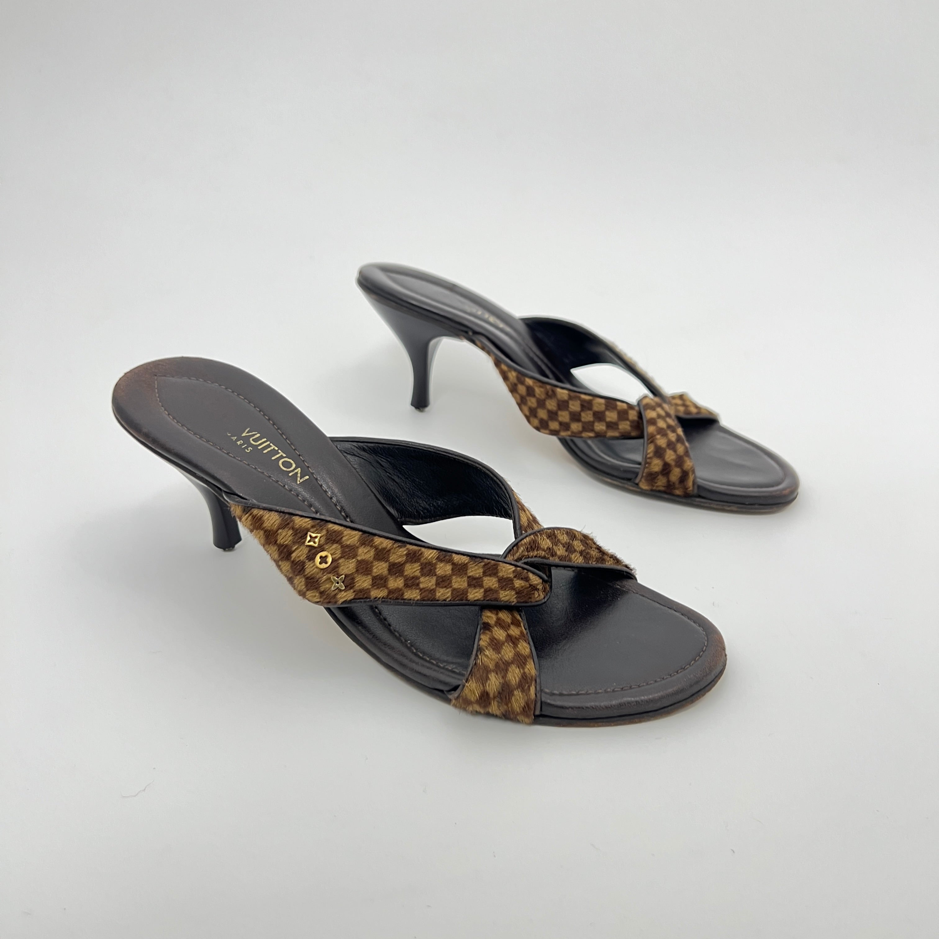 Louis Vuitton | Damier Calf Hair Knot Strap Mid Heel Sandal Mules (36)