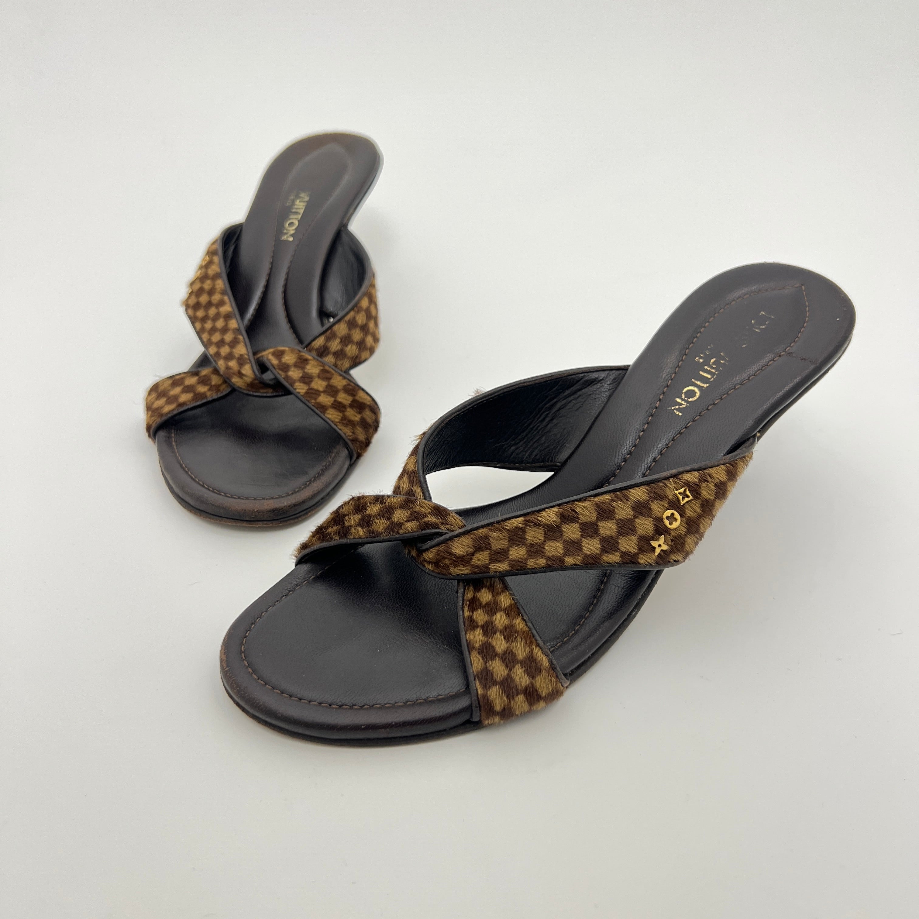 Louis Vuitton | Damier Calf Hair Knot Strap Mid Heel Sandal Mules (36)