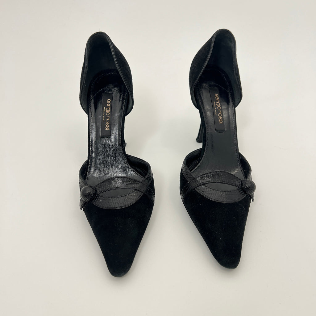 Sergio Rossi | Black Suede Leather Snake Pointed Toe Stiletto D'Orsay  (34.5)