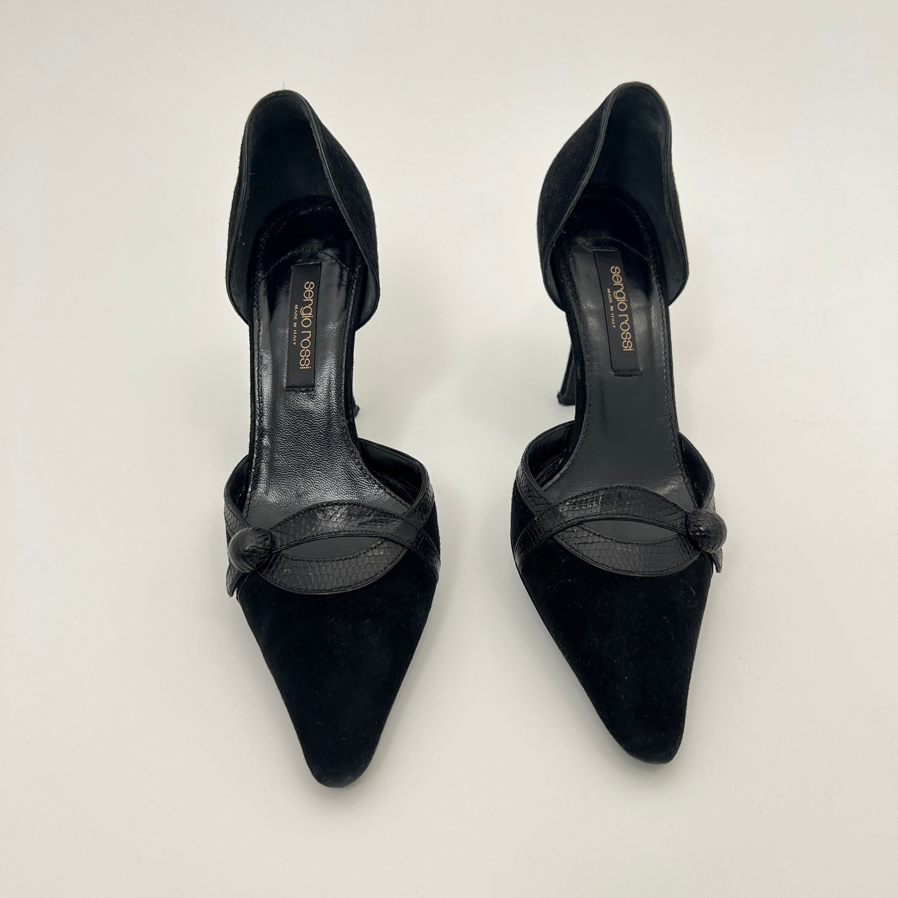 Sergio Rossi | Black Suede Leather Snake Pointed Toe Stiletto D'Orsay  (34.5)