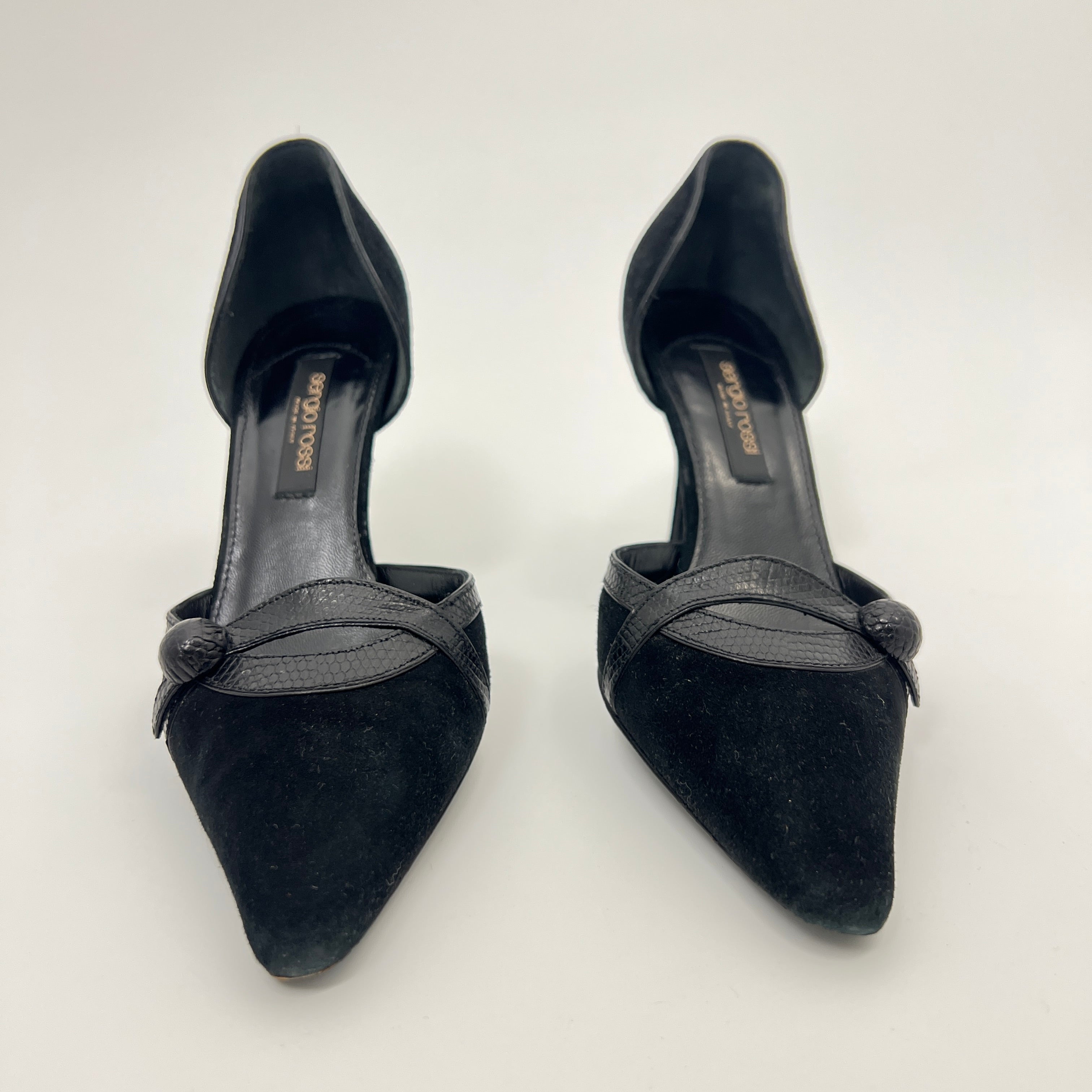 Sergio Rossi | Black Suede Leather Snake Pointed Toe Stiletto D'Orsay  (34.5)