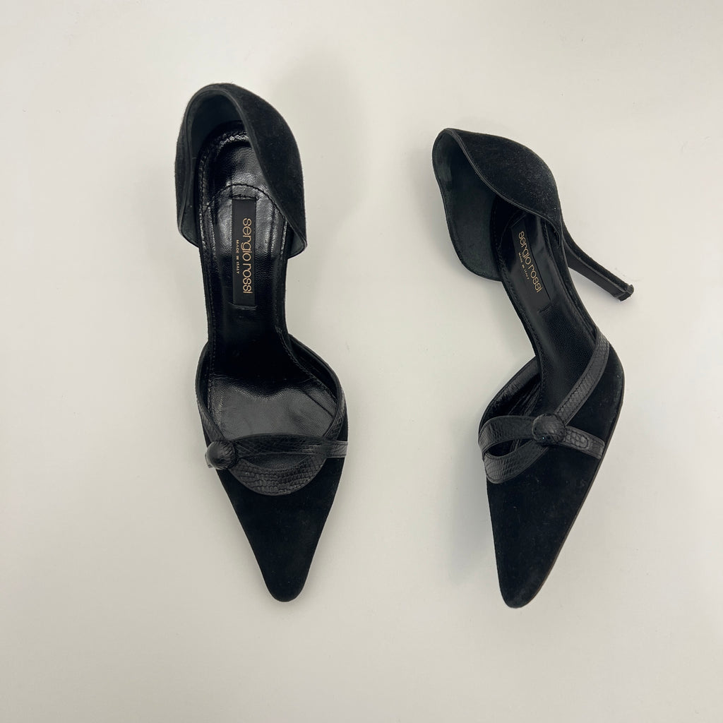 Sergio Rossi | Black Suede Leather Snake Pointed Toe Stiletto D'Orsay  (34.5)