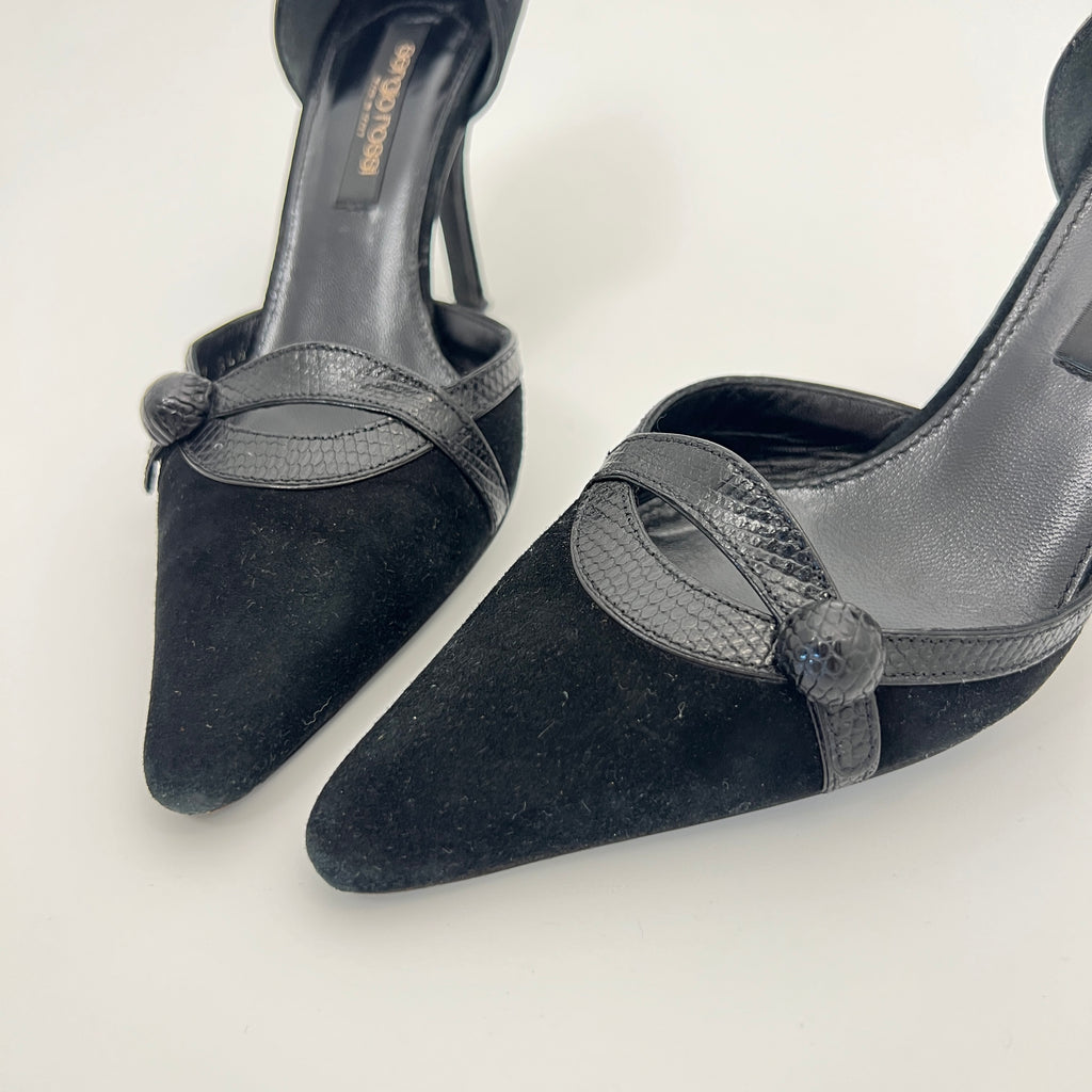 Sergio Rossi | Black Suede Leather Snake Pointed Toe Stiletto D'Orsay  (34.5)