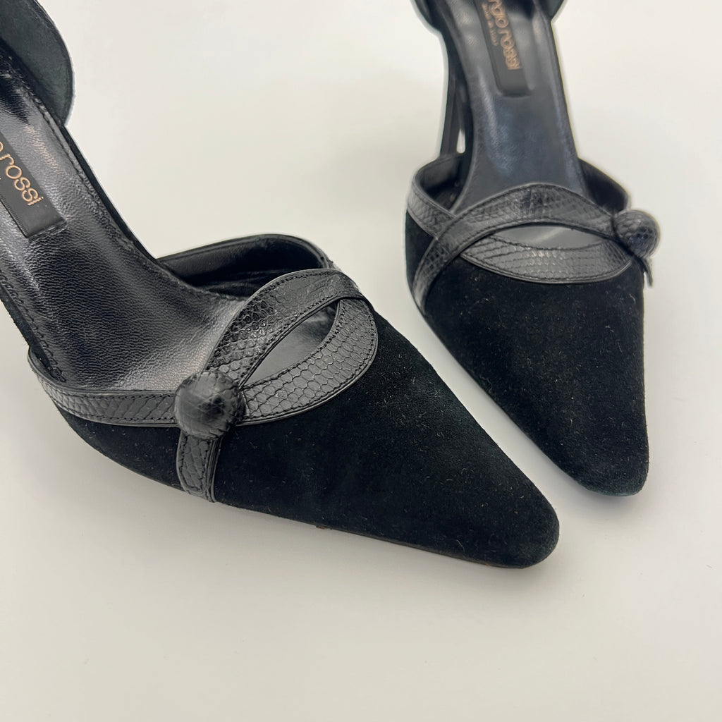 Sergio Rossi | Black Suede Leather Snake Pointed Toe Stiletto D'Orsay  (34.5)