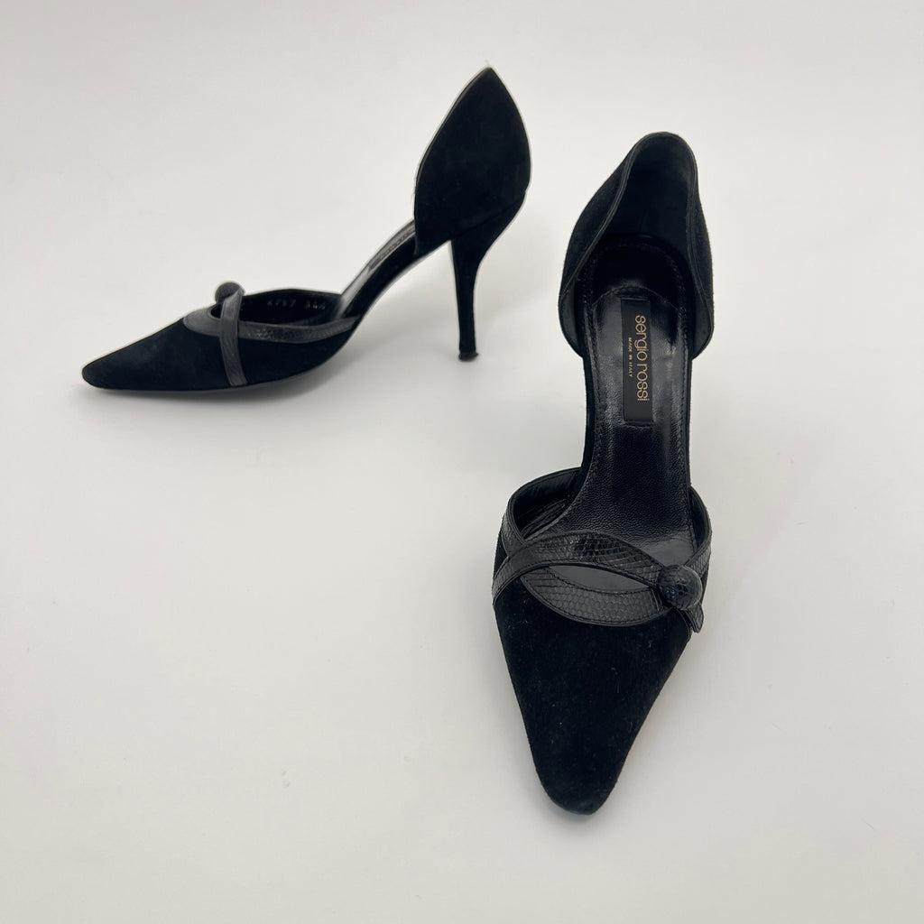 Sergio Rossi | Black Suede Leather Snake Pointed Toe Stiletto D'Orsay  (34.5)
